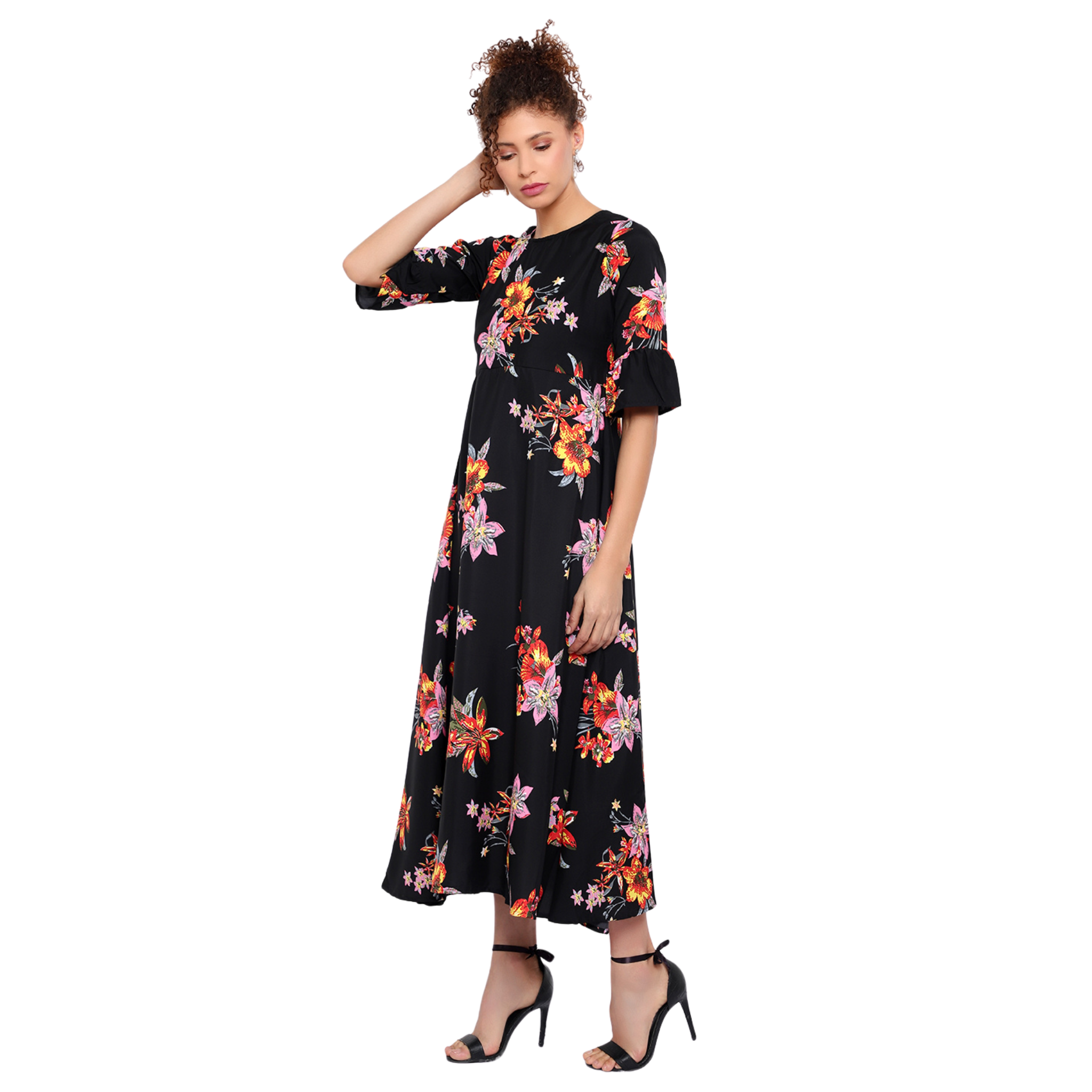Black and Orange Floral Print Dress