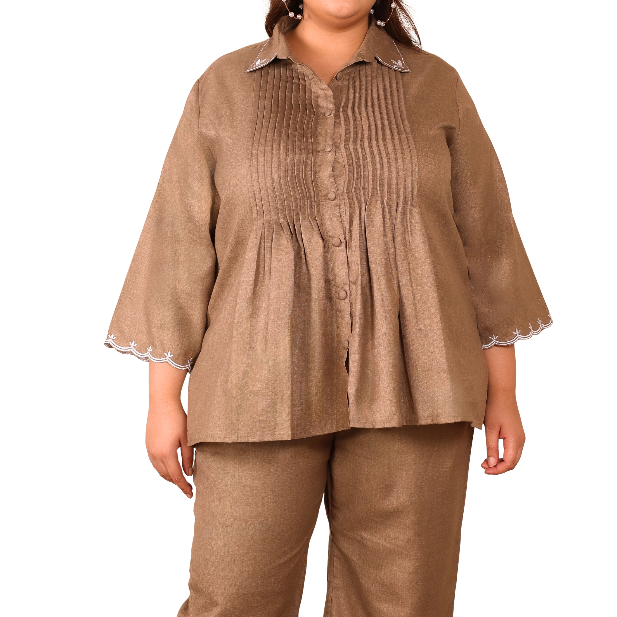 Brown Cotton Collar Embroidered Co Ord Set