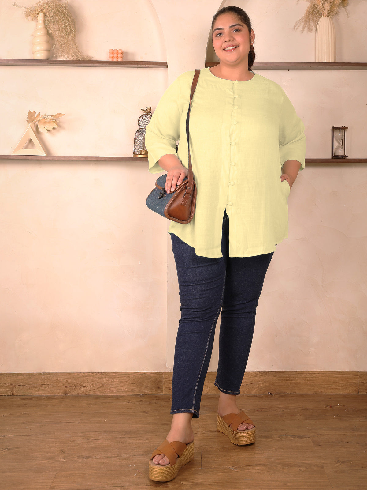 Yellow Cotton Linen Plus Size Tunic