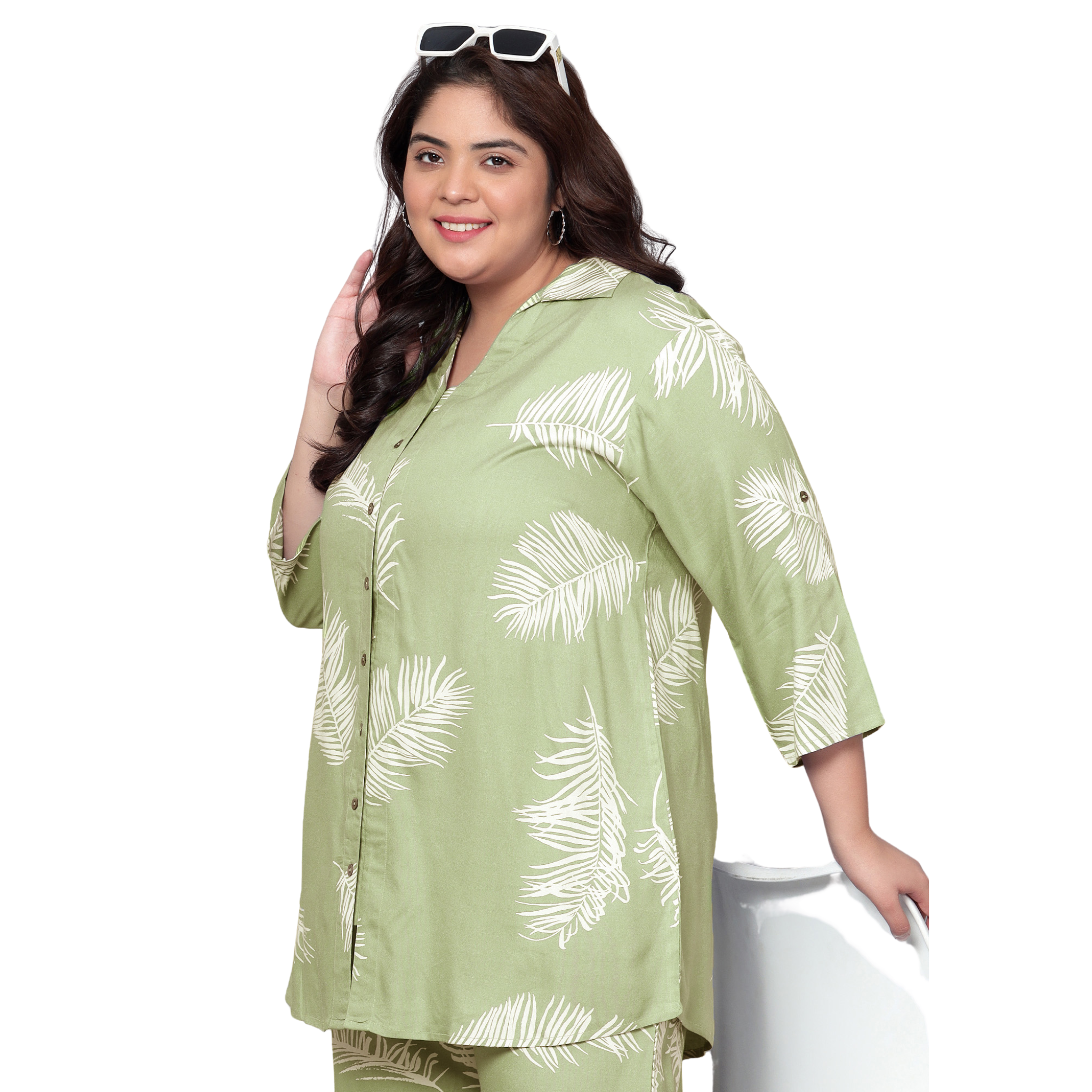 Green Leaf Print Plus Size Co-Ord Set