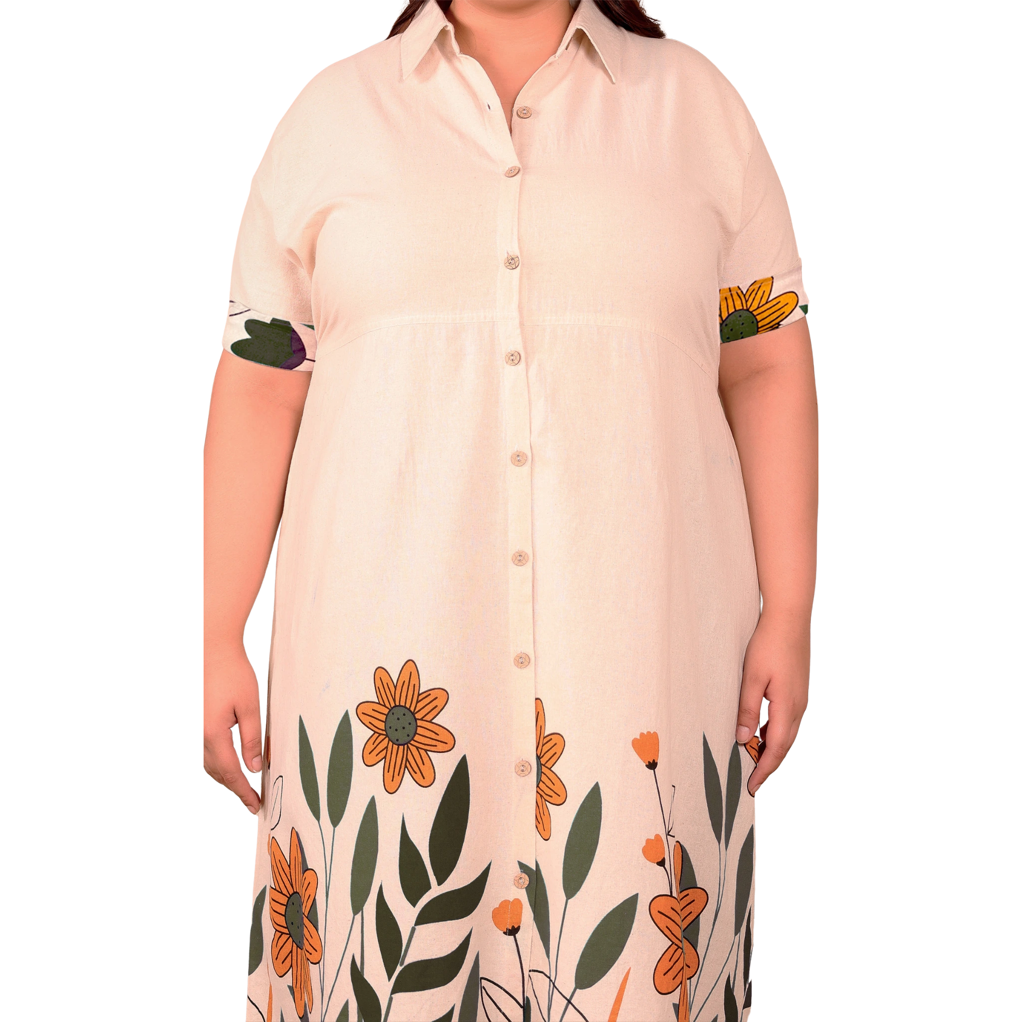 OffWhite Green Floral Cotton Midi Dress
