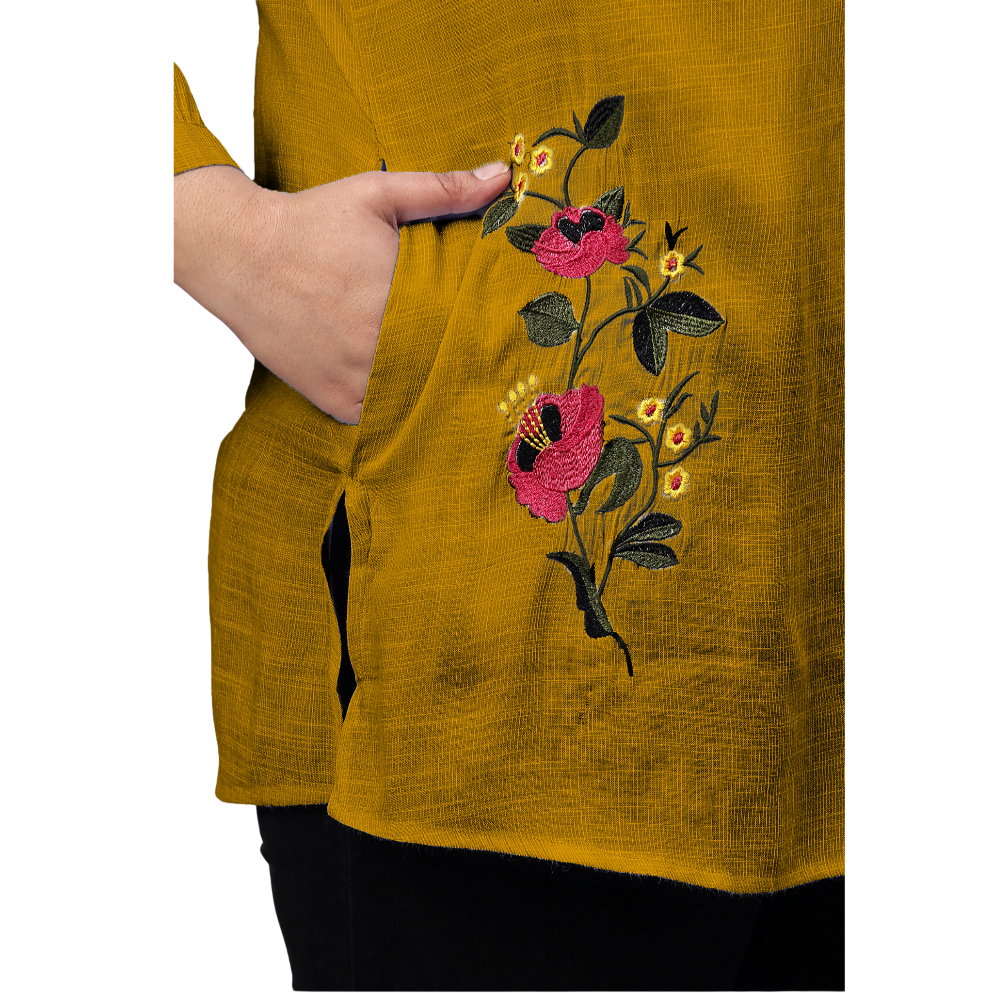 Mustard Floral Embroidered Plus Size Tunic
