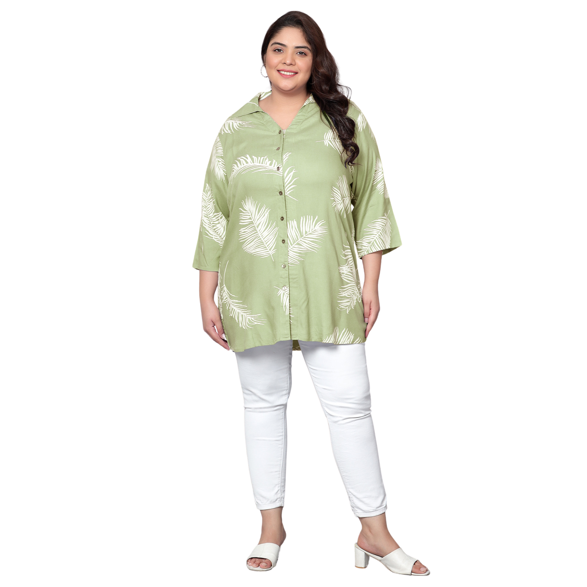 Green Leaf Print Plus Size Shirt