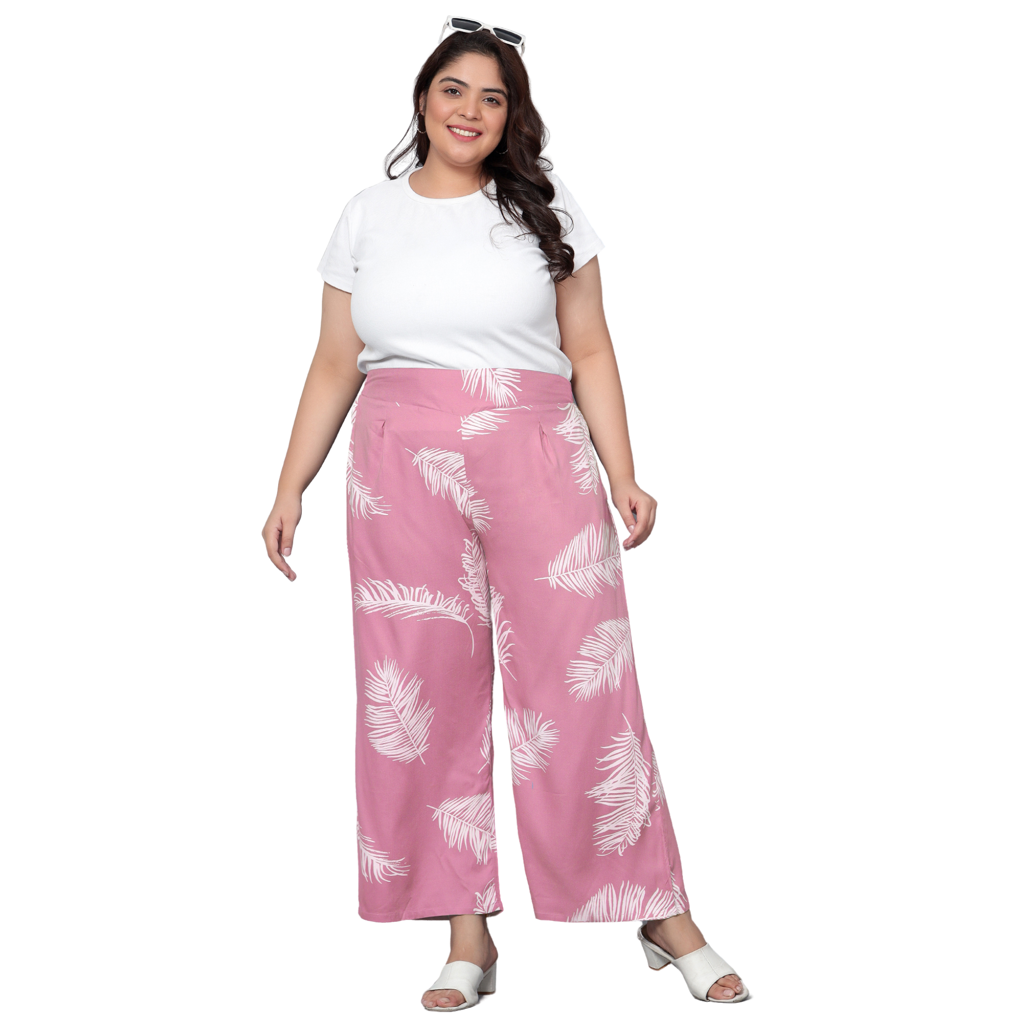 Pink Leaf Print Plus Size Trousers