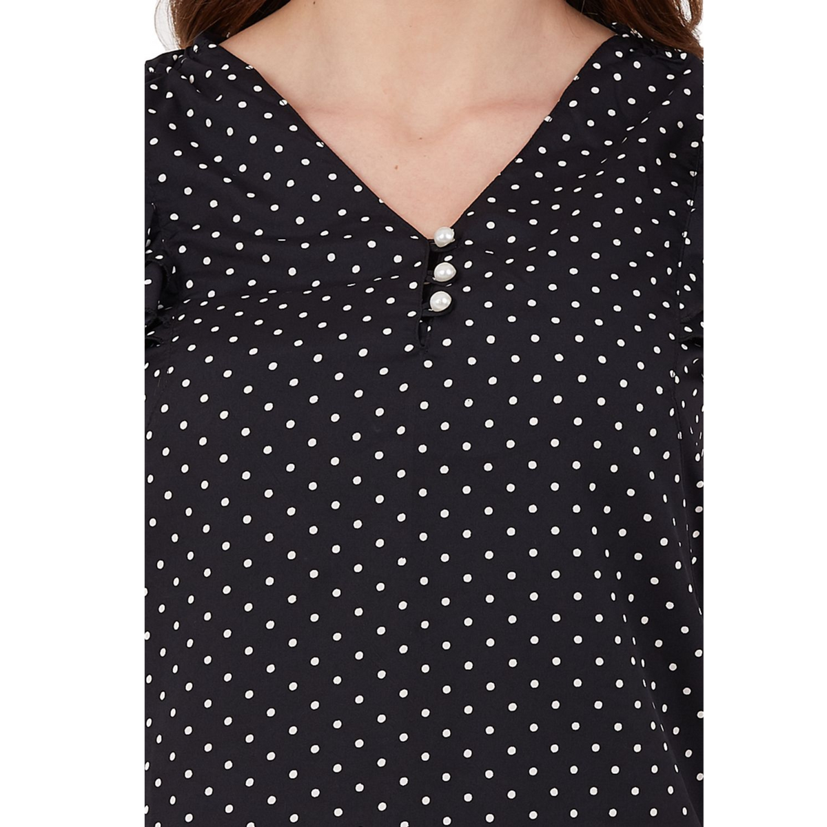 Black Polka Dot Buttoned Ruffle Top