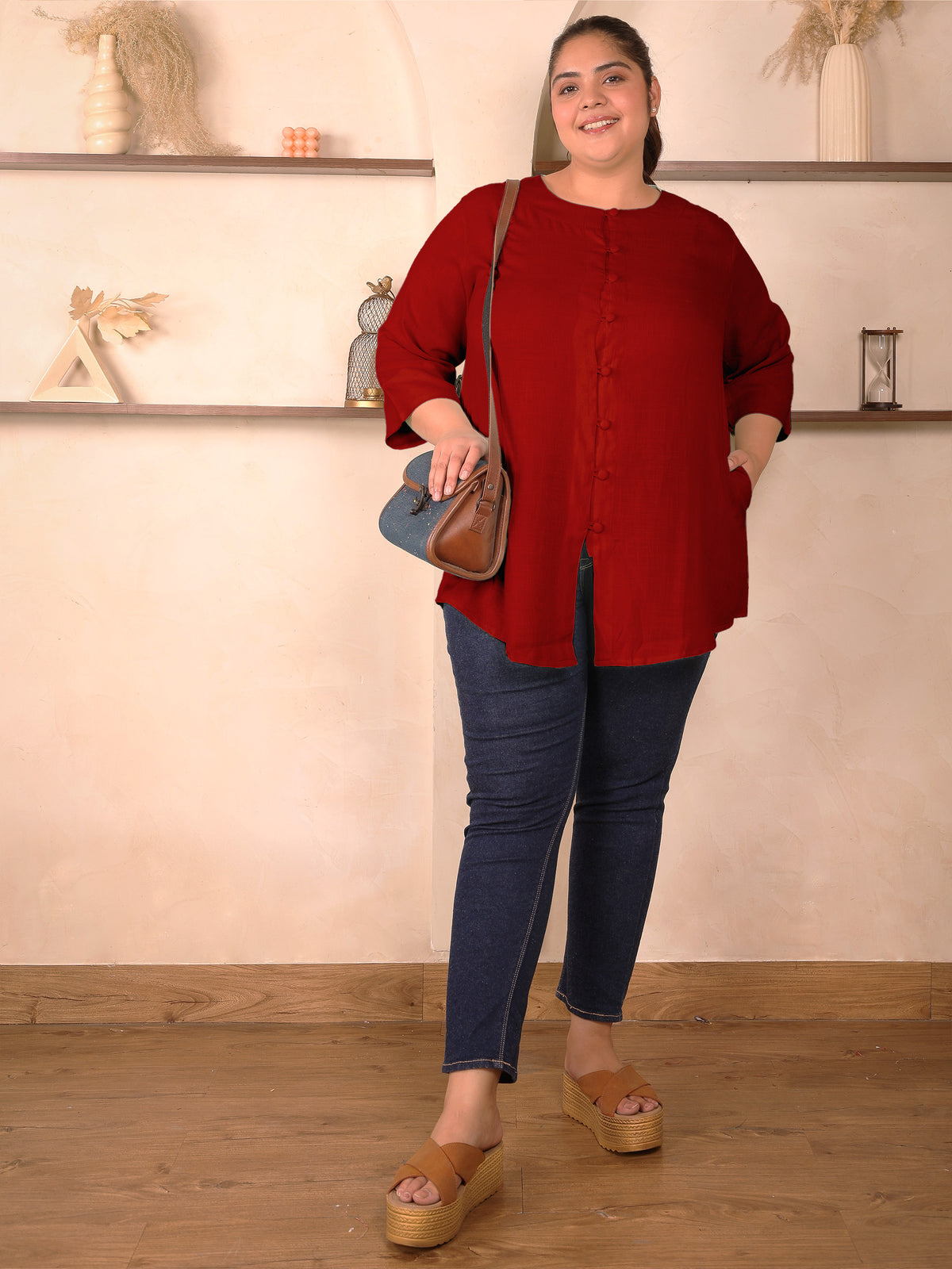 Maroon Cotton Linen Plus Size Tunic