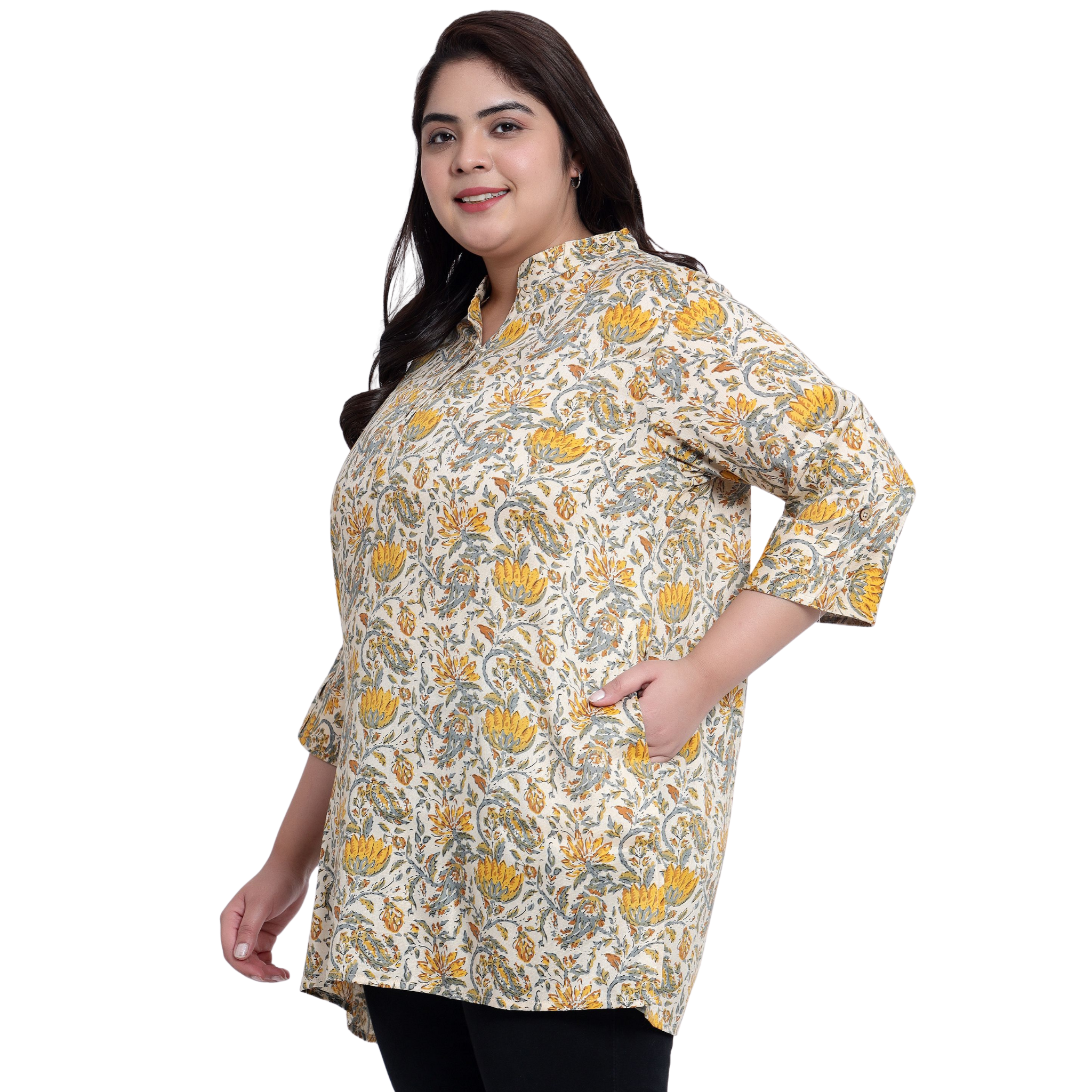 Yellow and Beige Floral Print Plus Size Tunic