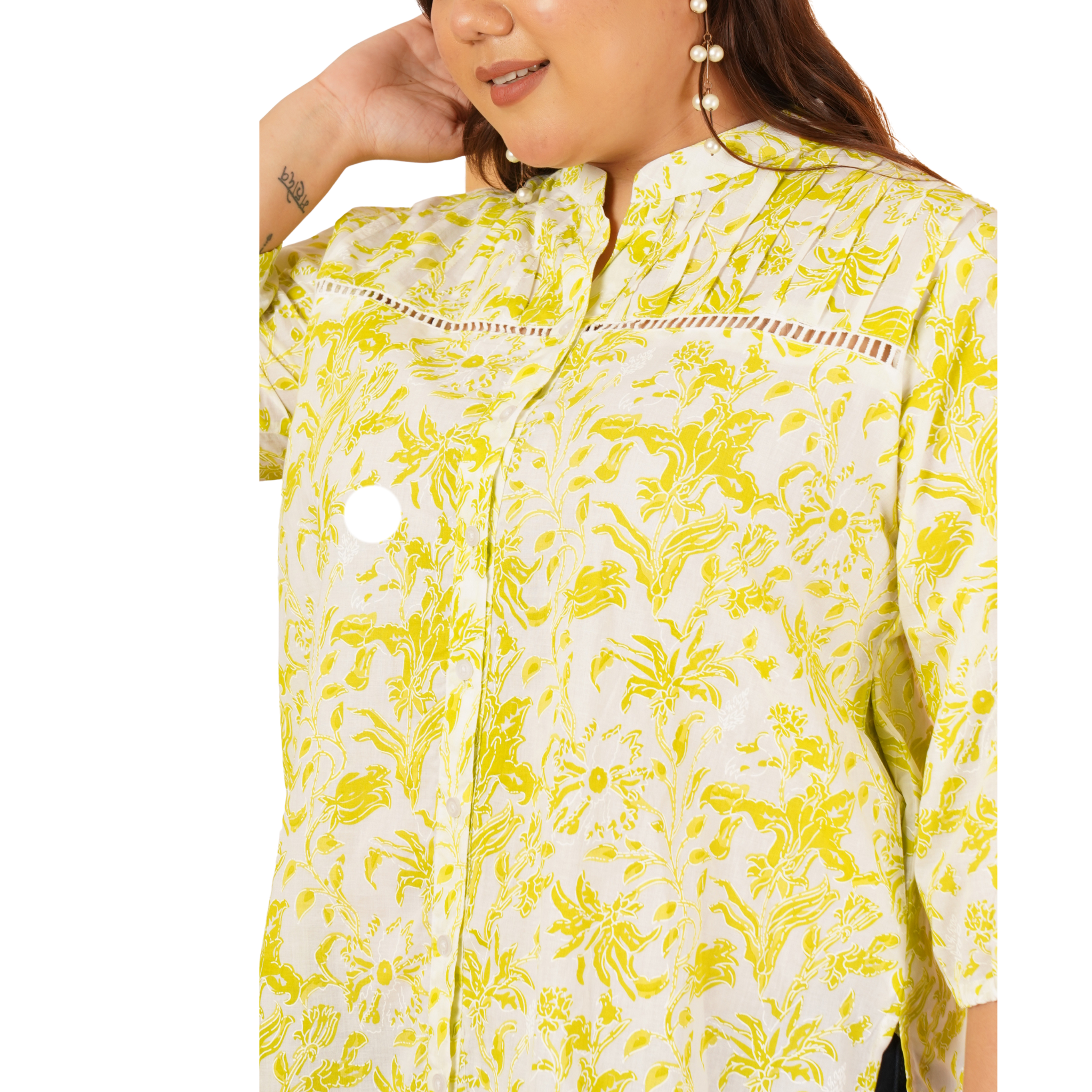 Yellow Print Plus Size Lace Shirt
