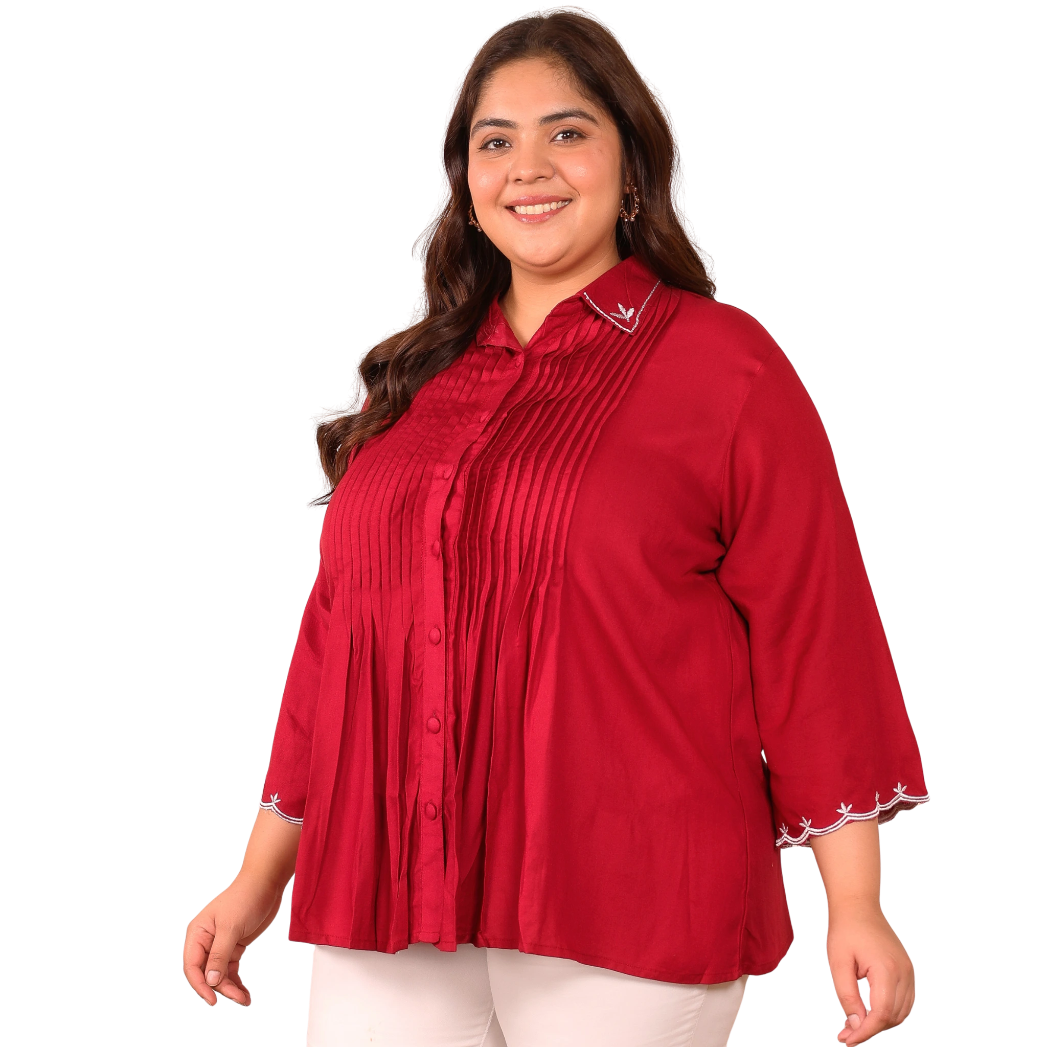 Red Rayon Collar Embroidered Tunic