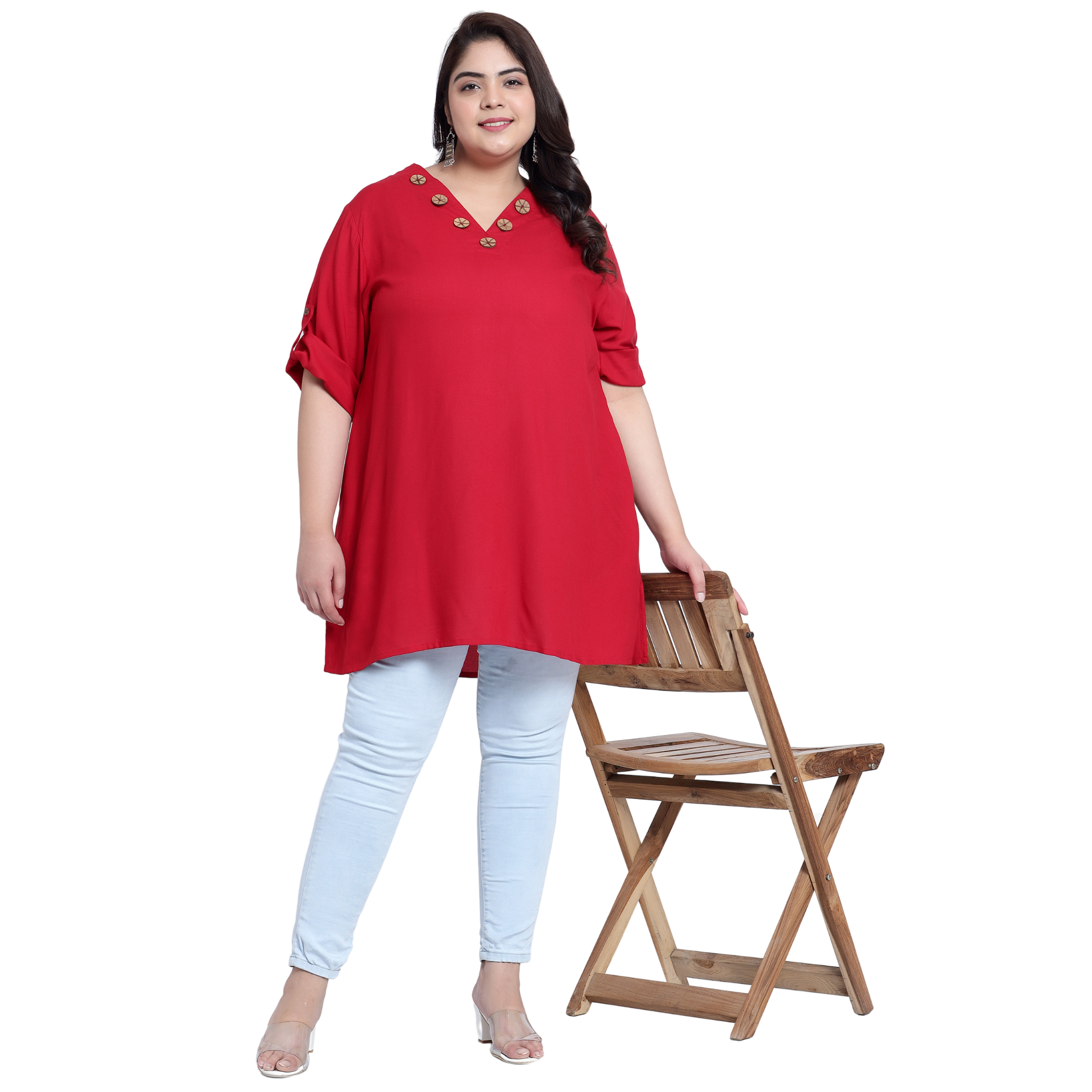 Maroon Collar Button Plus Size Tunic