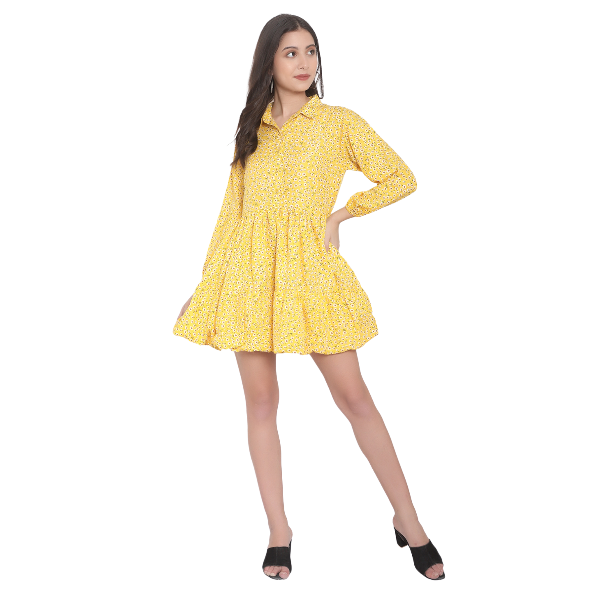 Yellow Floral Print Tiered Dress