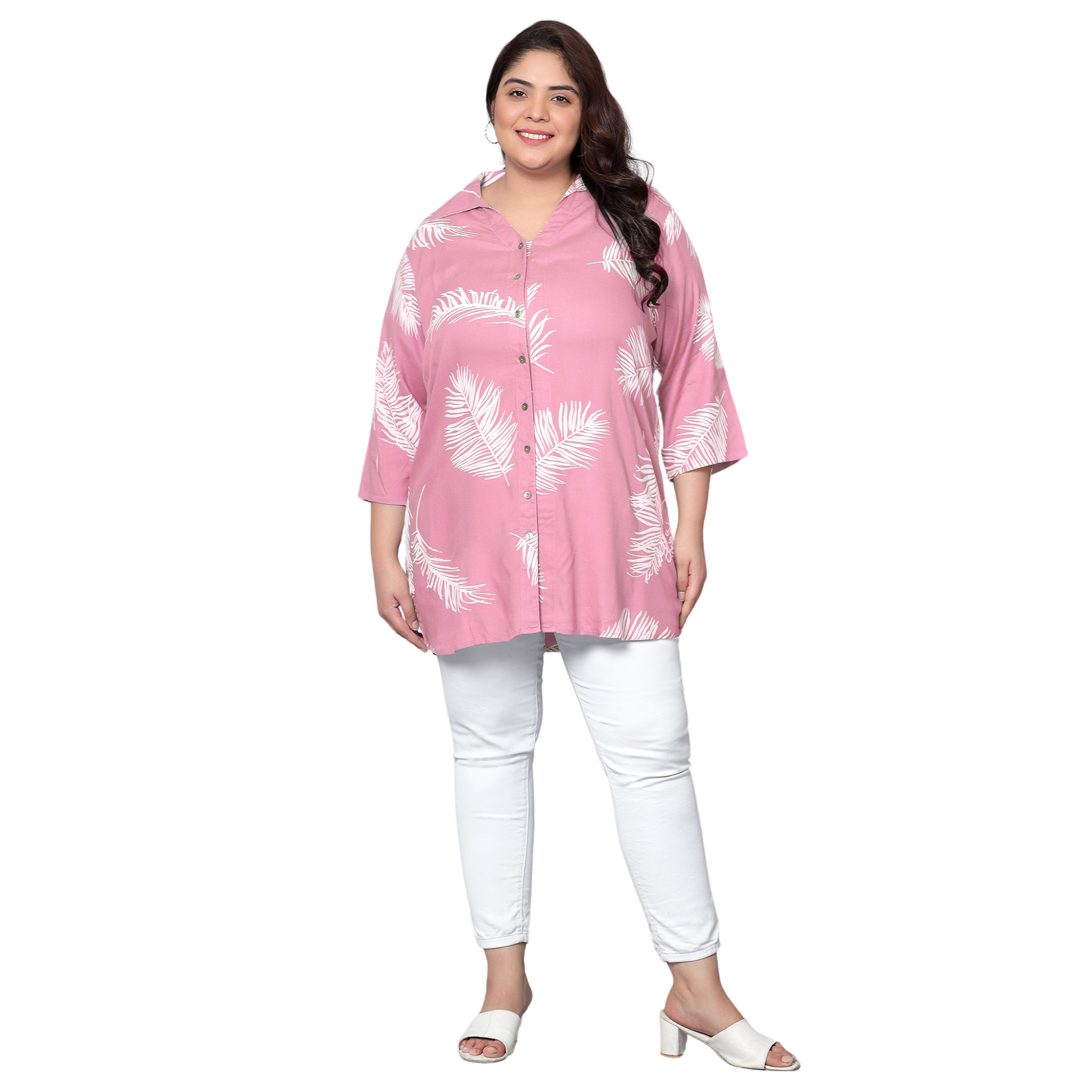 Pink Leaf Print Plus Size Shirt