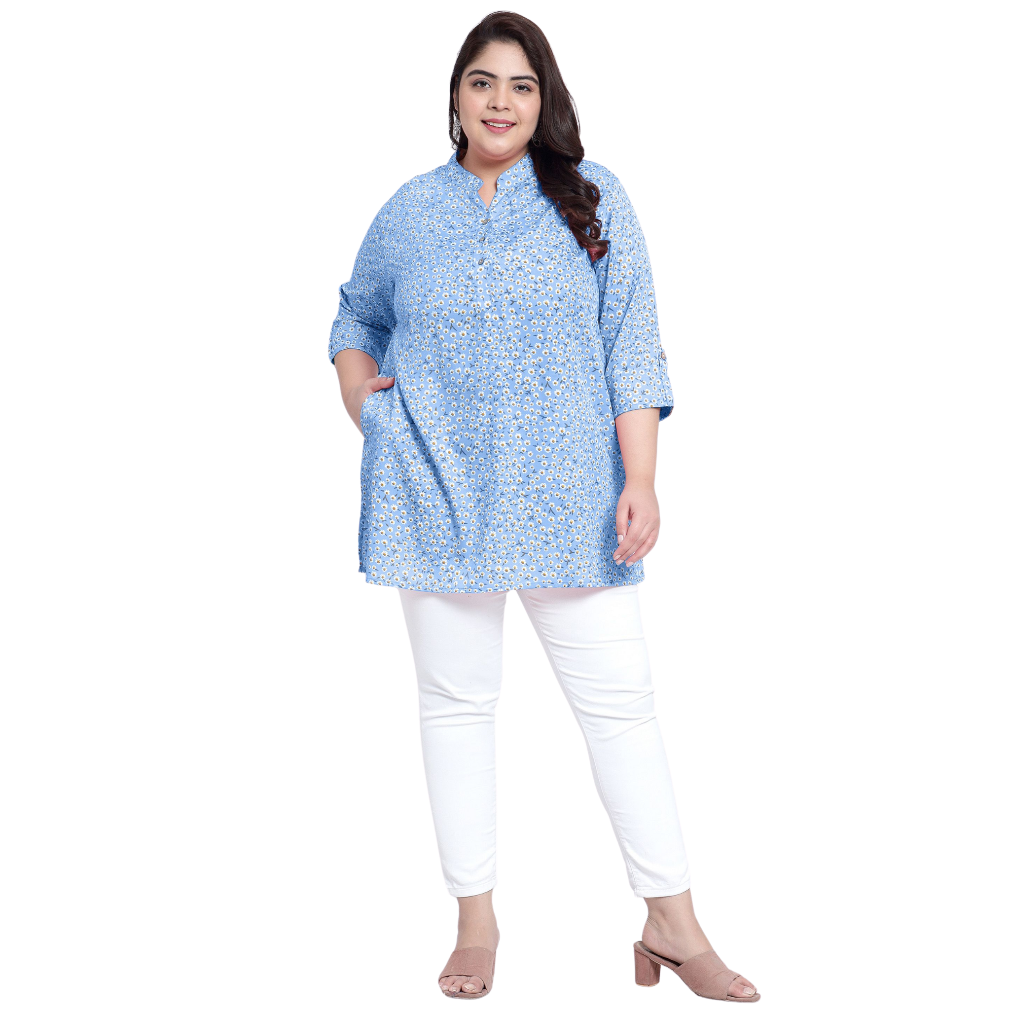 Blue Floral Print Plus Size Tunic