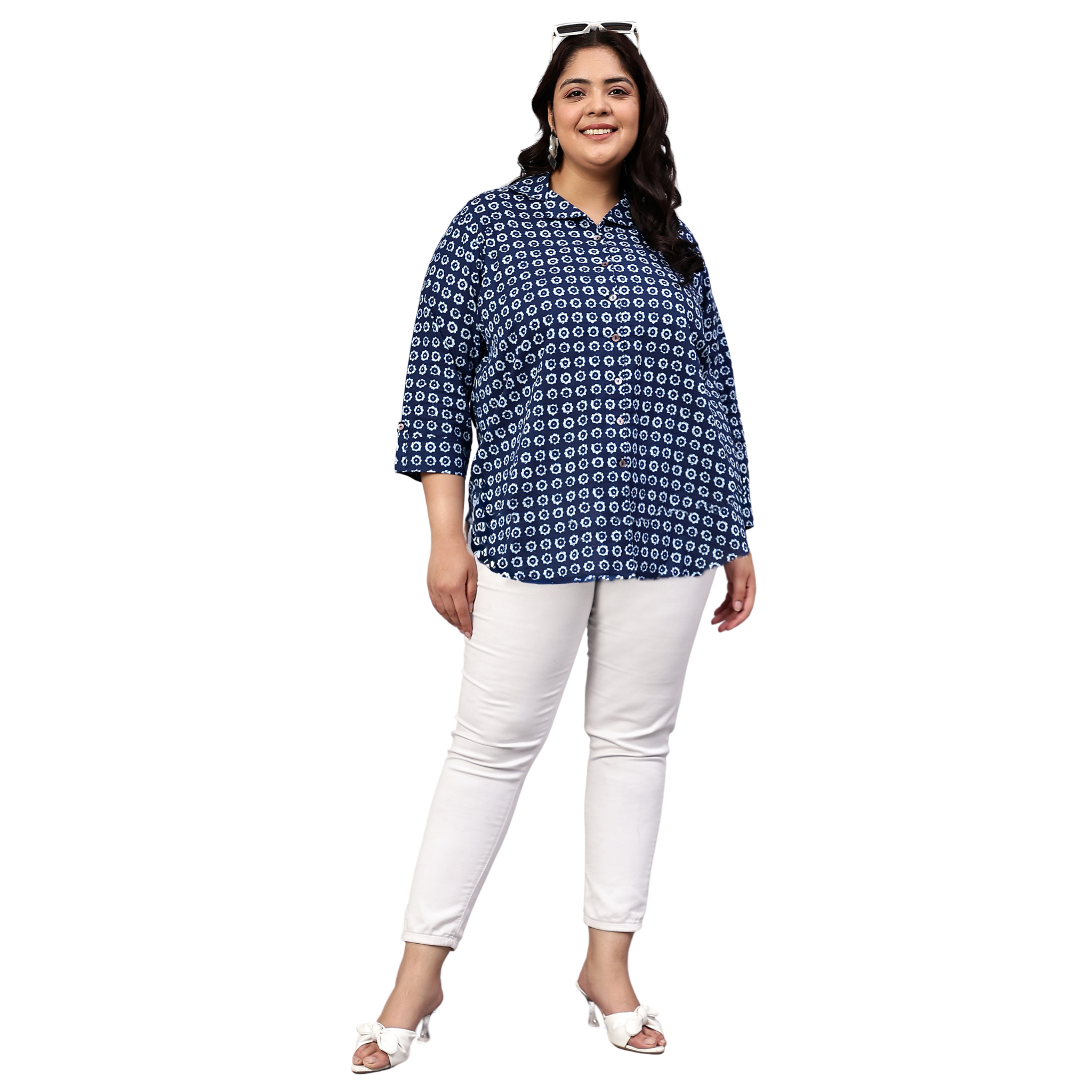 Blue Floral Print Plus Size Shirt
