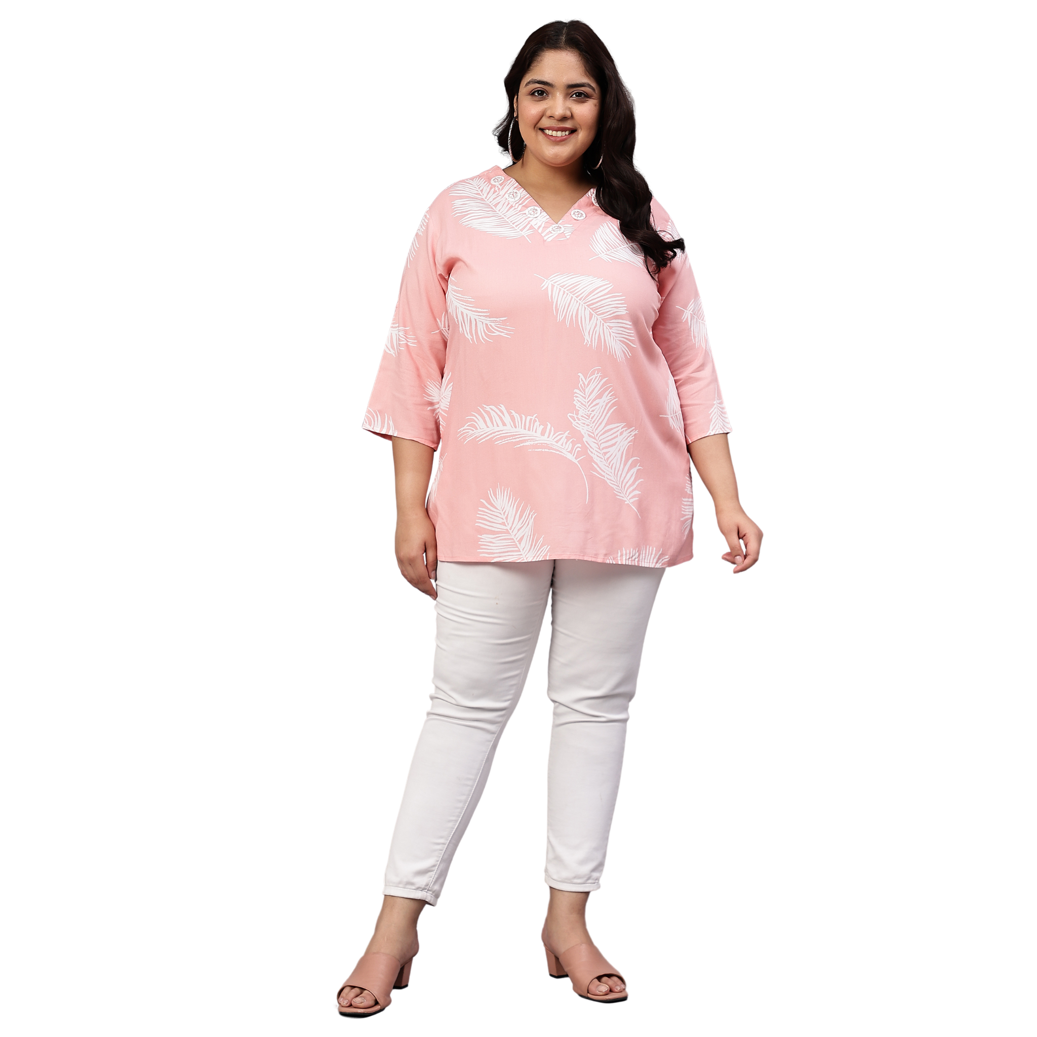 Pink Leaf Buttoned Plus Size Tunic