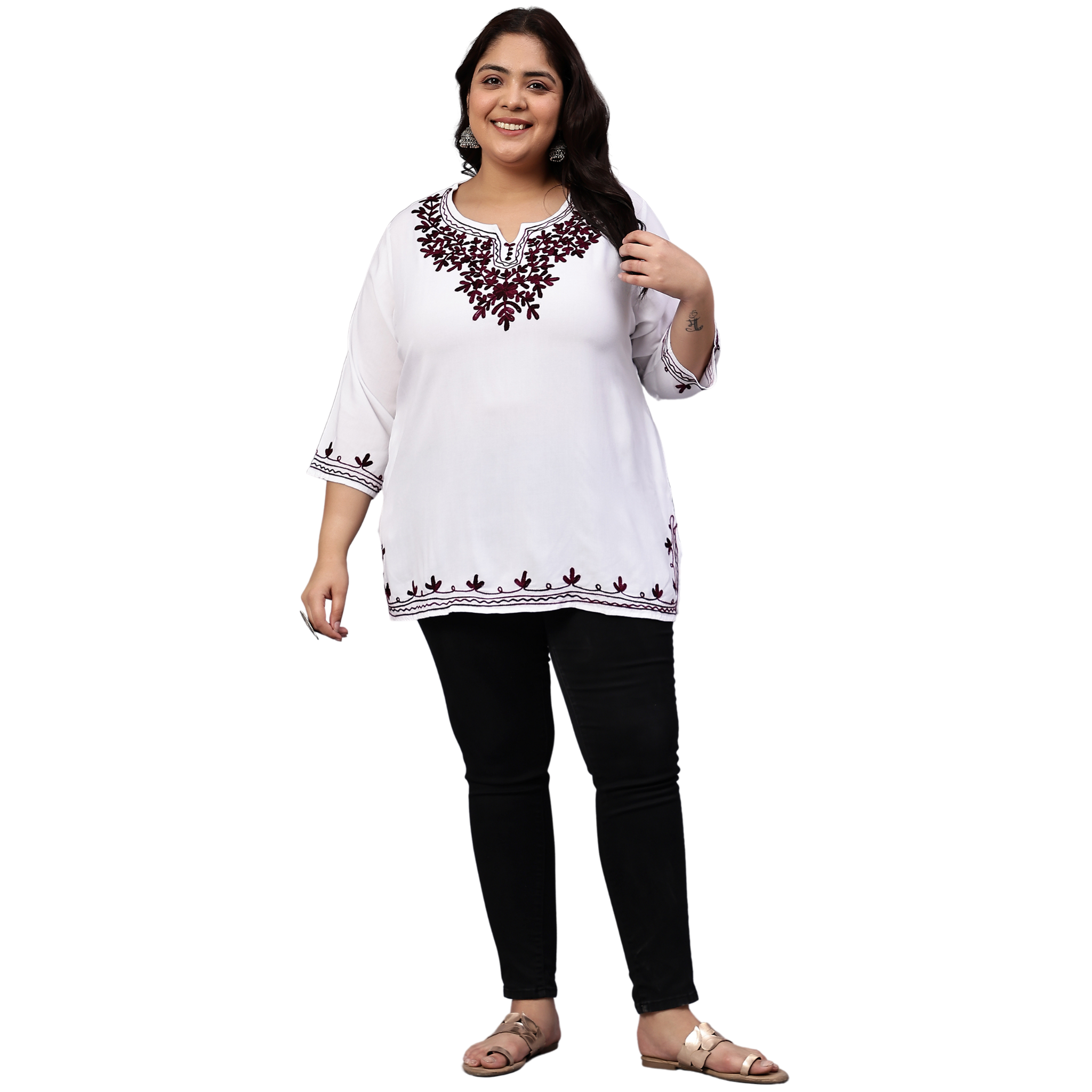 White And Purple Embroidered Plus Size Tunic