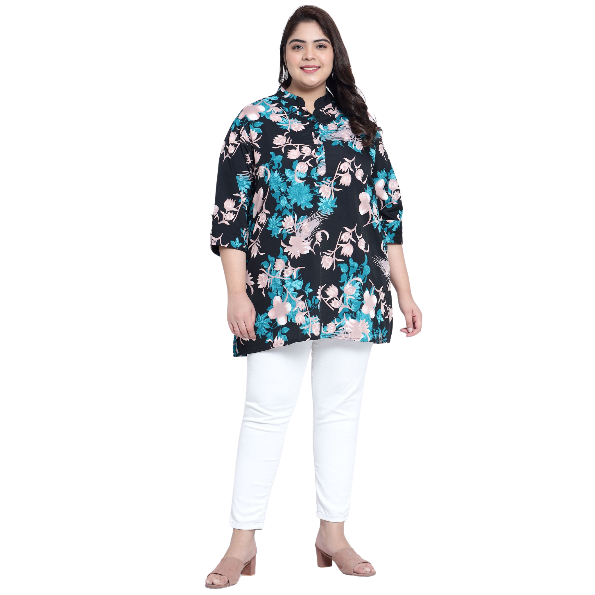 Green and Pink Floral Print Plus Size Tunic
