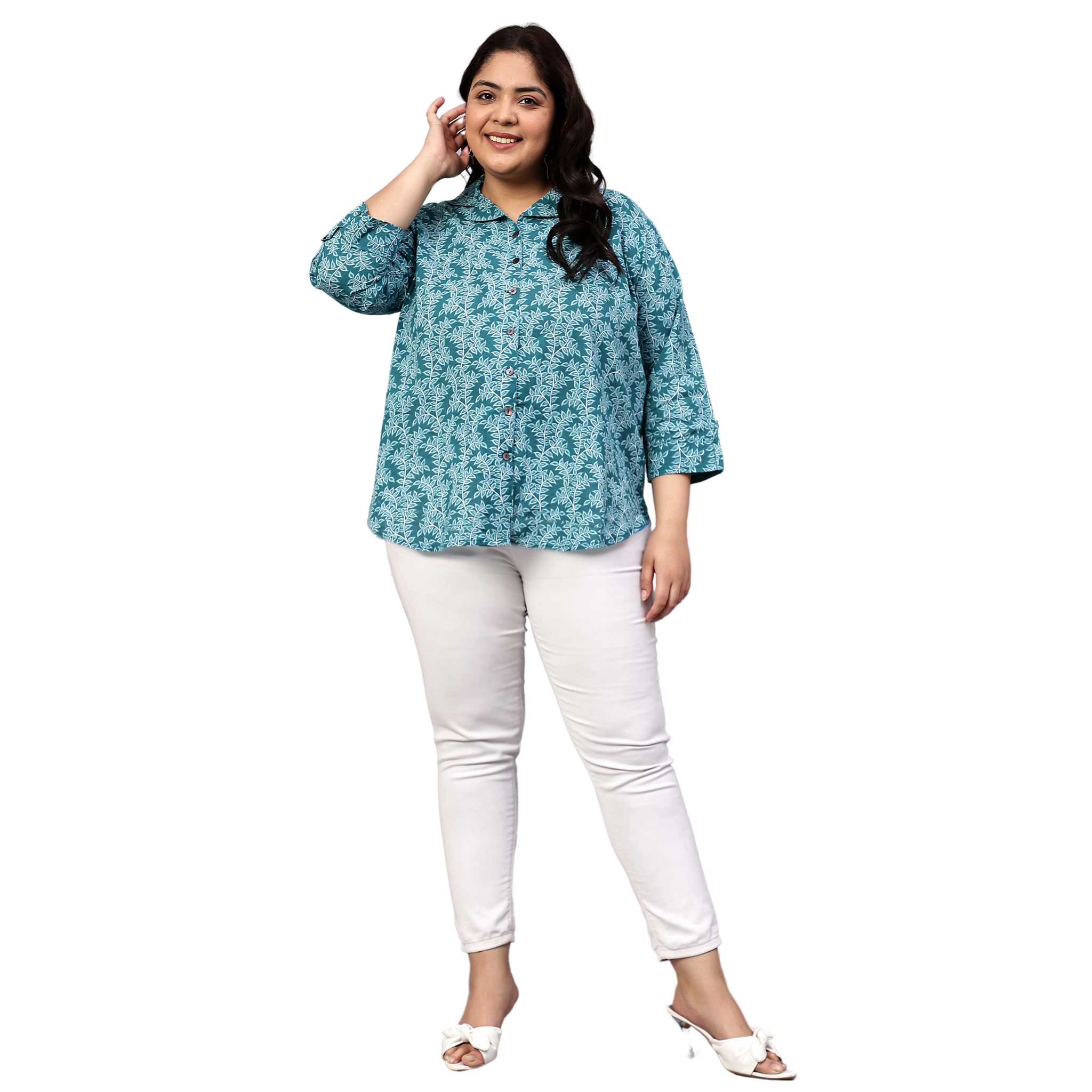 Turquoise Leaf Print Plus Size Shirt