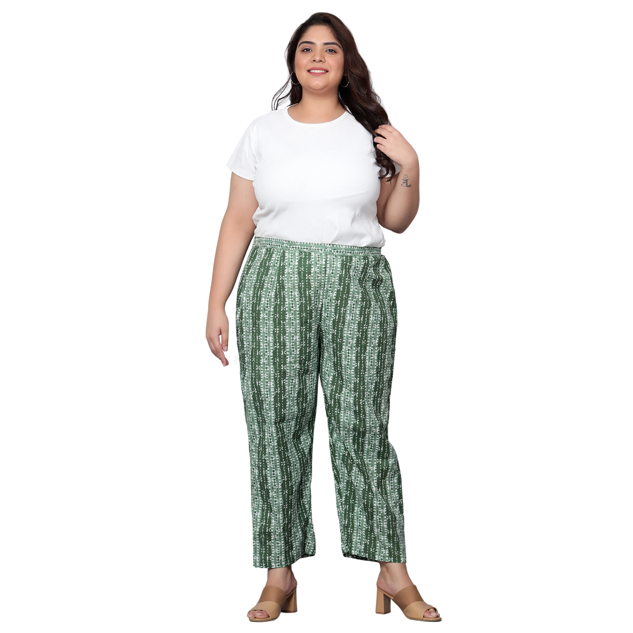 Green Hand Block Print Plus Size Trousers