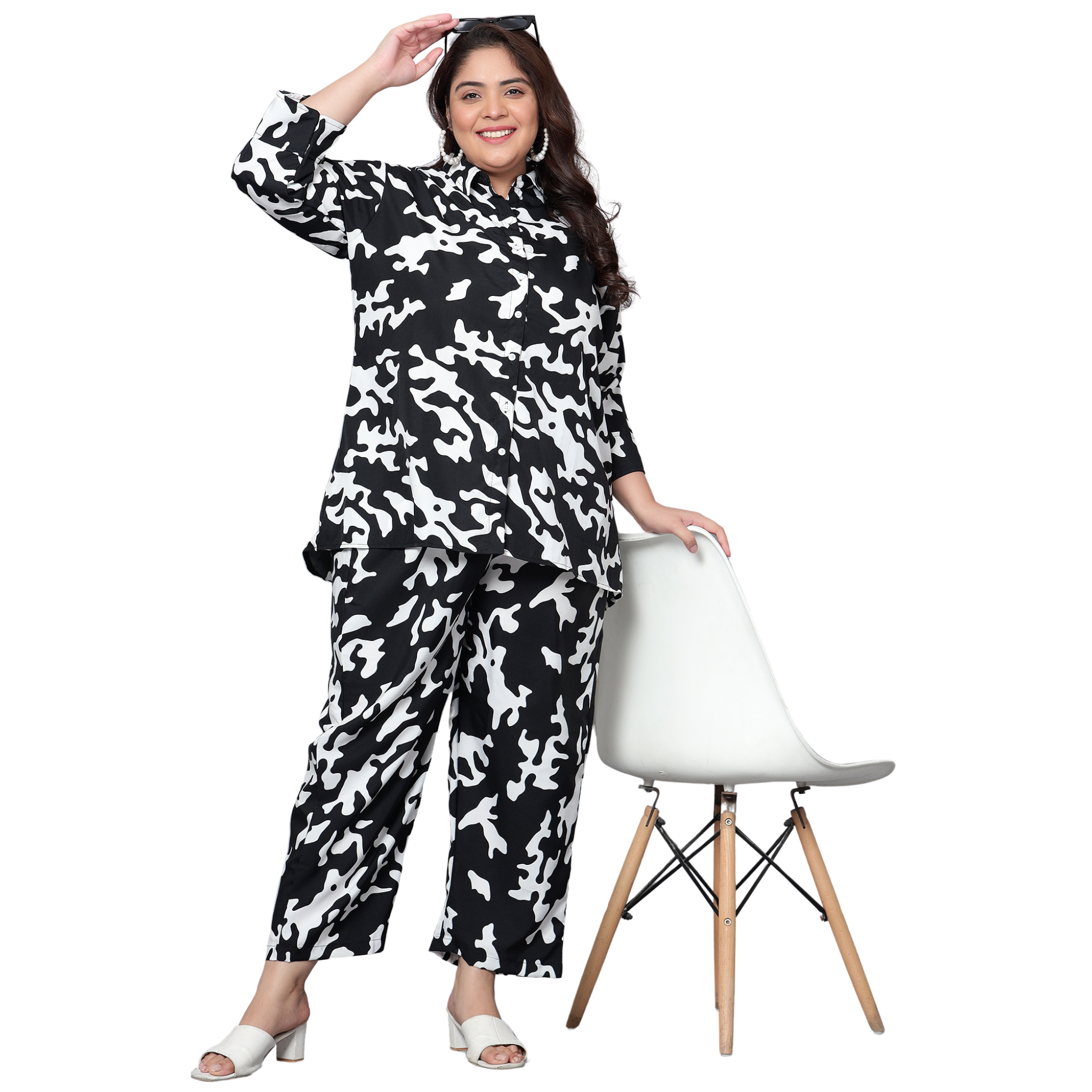 Black and White Abstract Print Plus Size Co-Ord Set