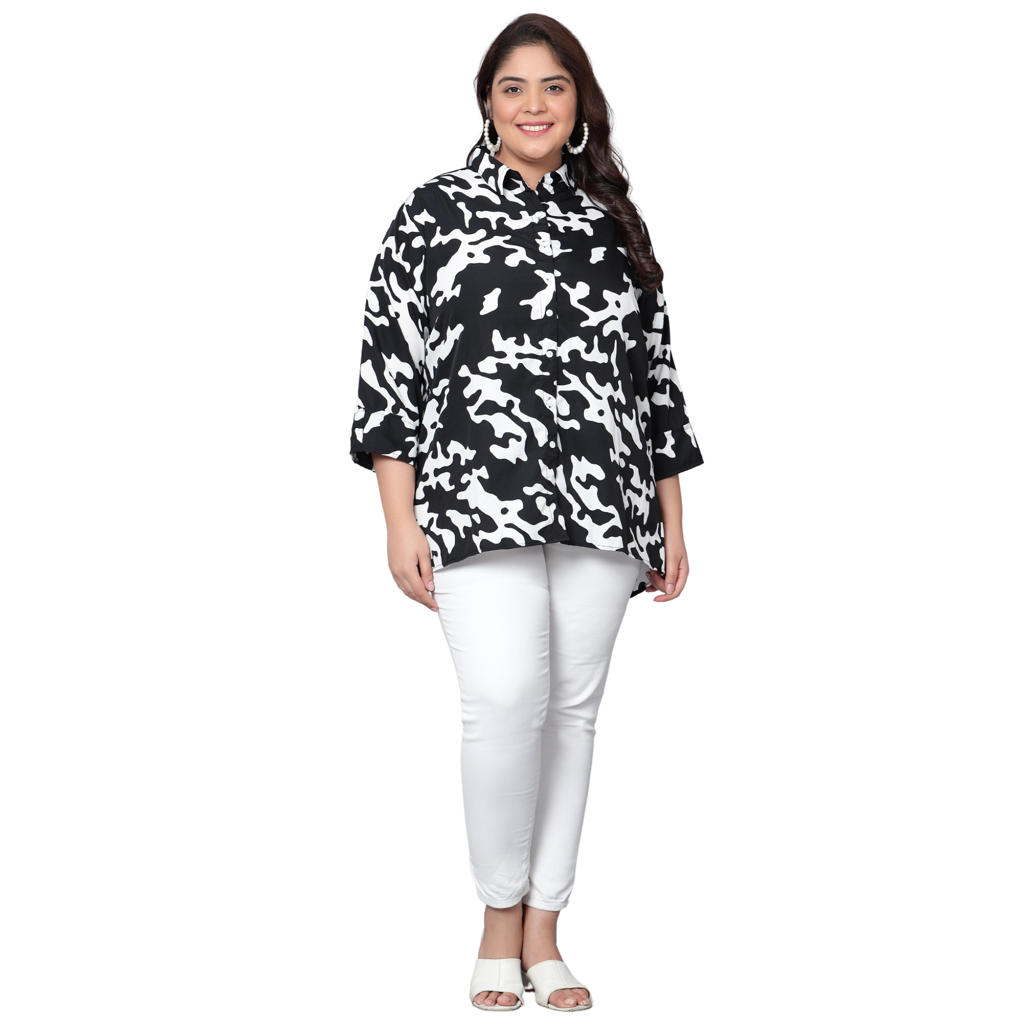 Black and White Abstract Print Plus Size Shirt