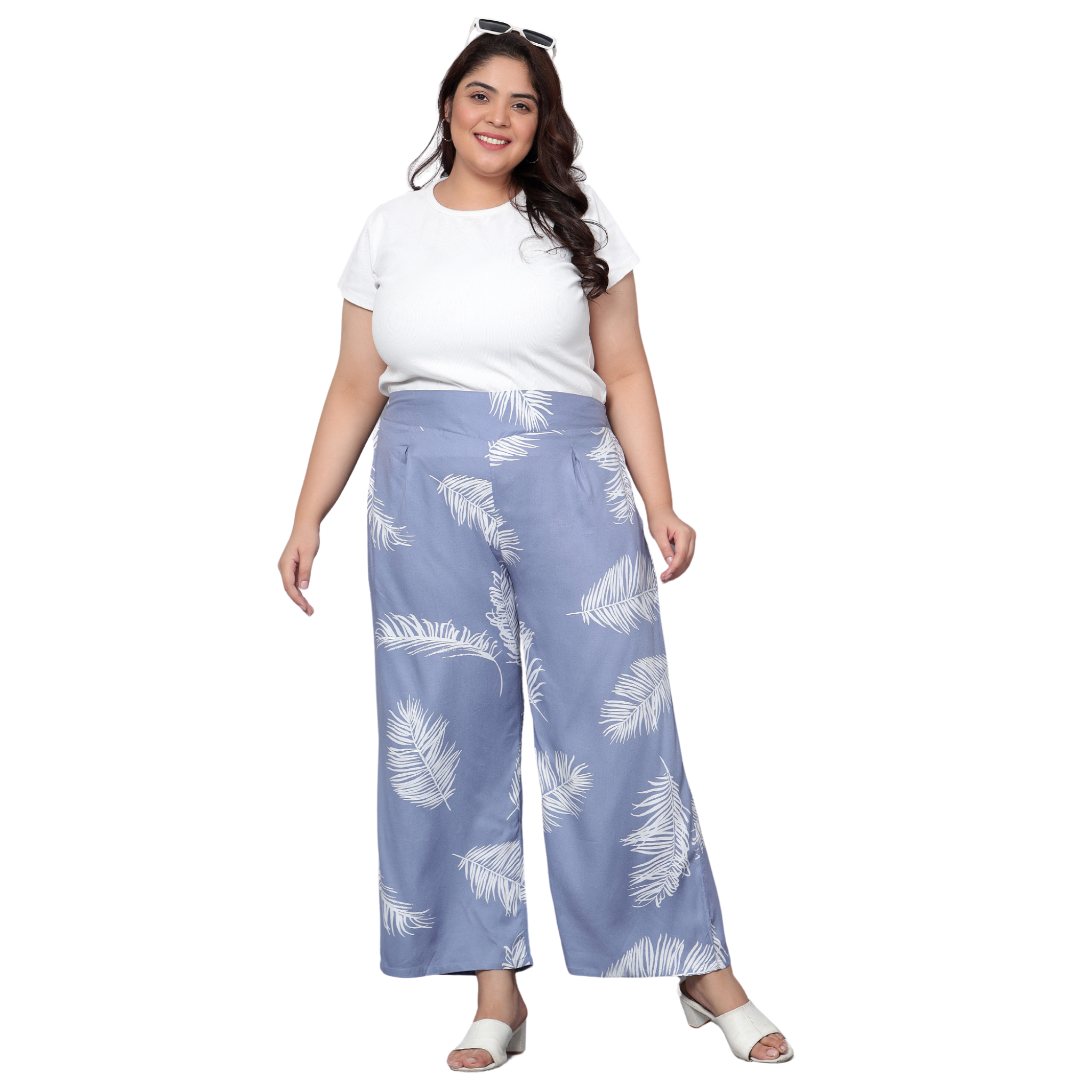 Blue Leaf Print Plus Size Trousers