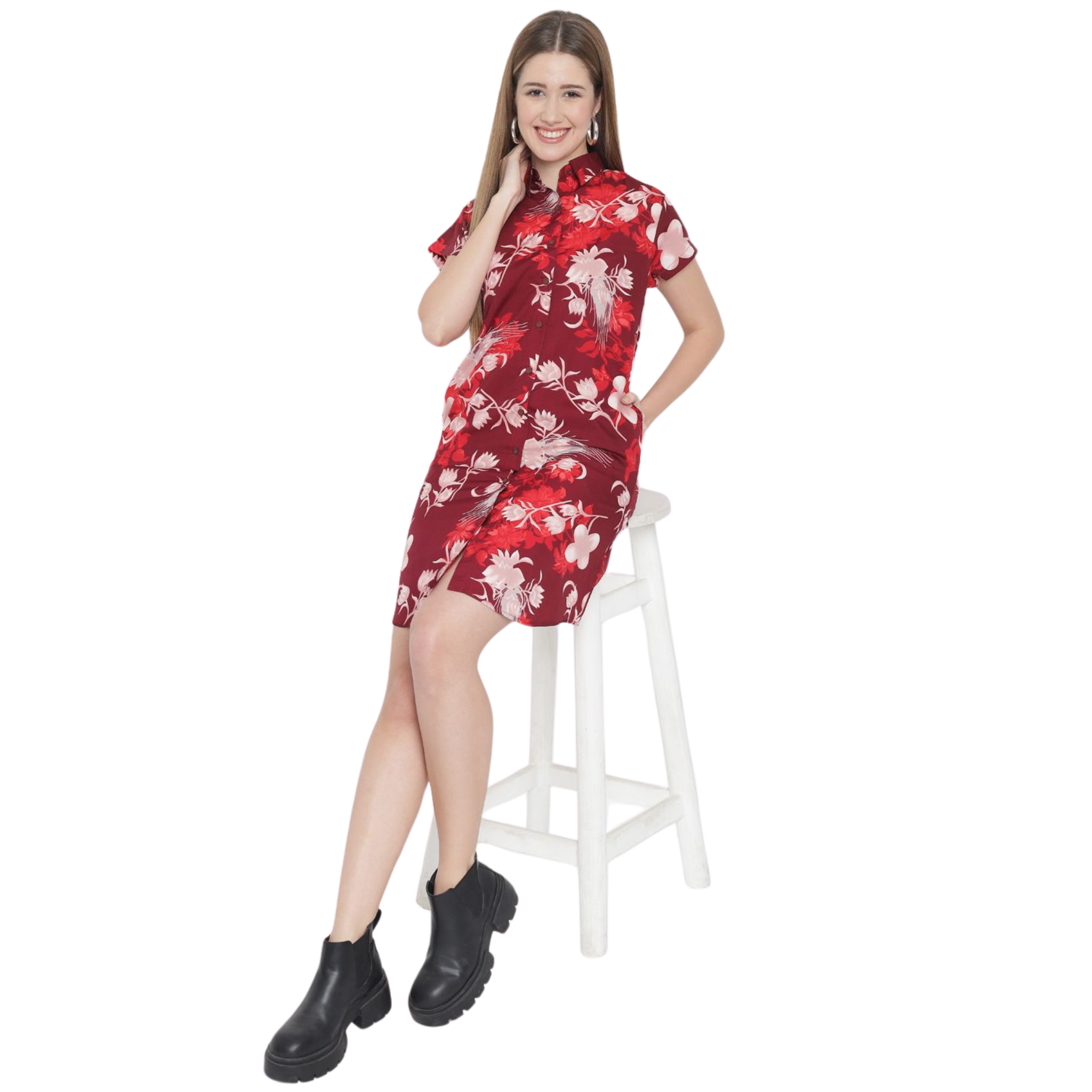 Maroon Floral Shirt Dress