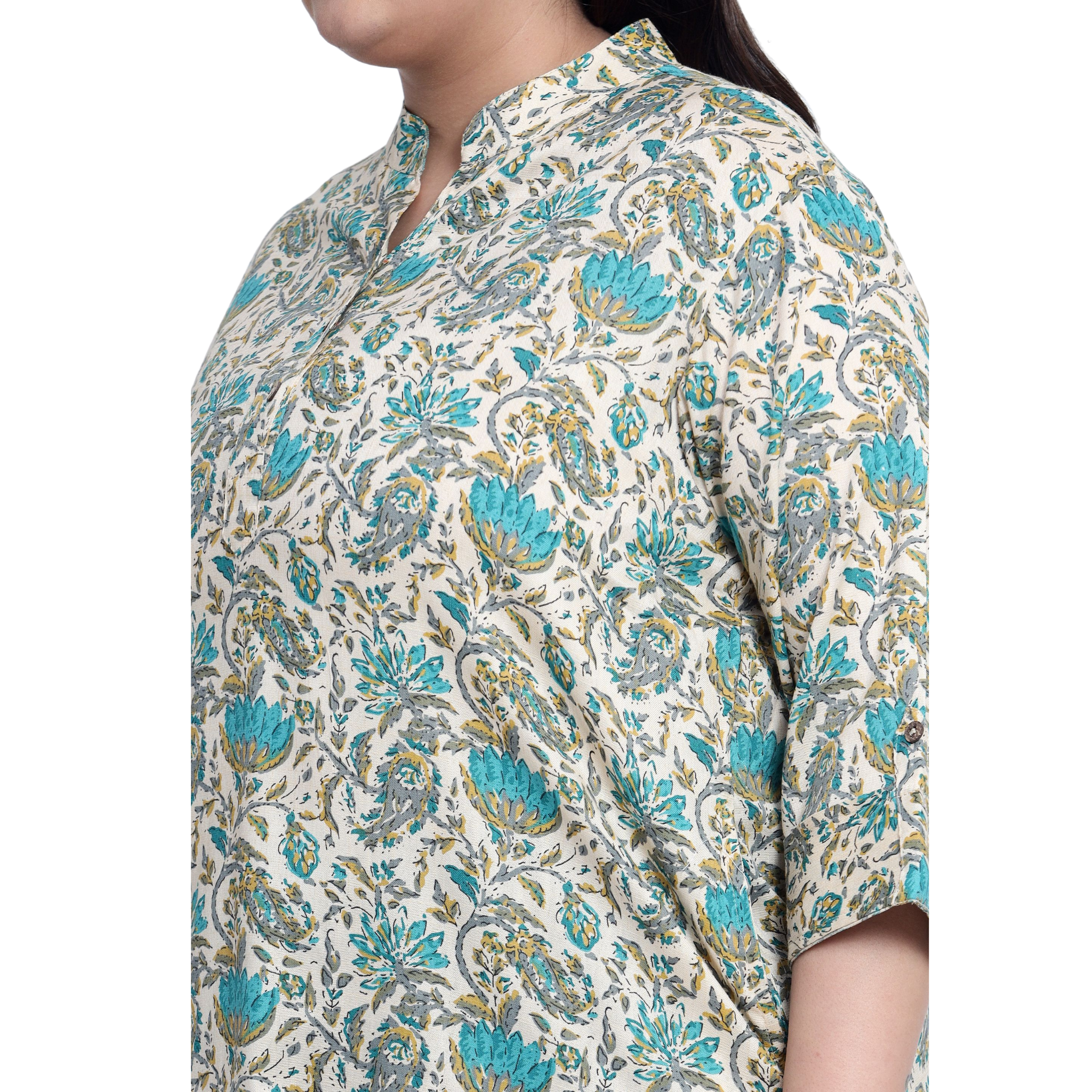 Green and Beige Floral Print Plus Size Tunic