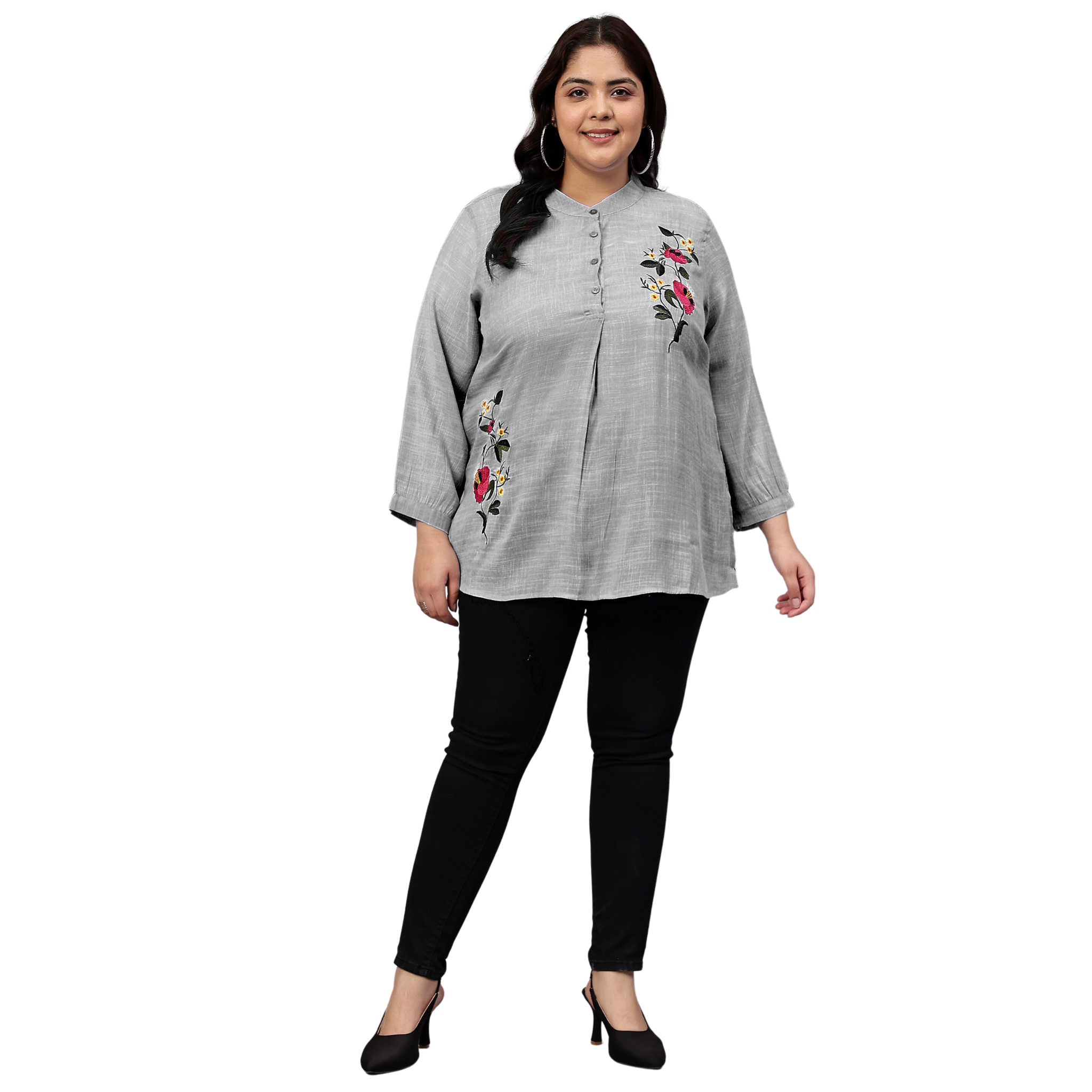 Grey Floral Embroidered Plus Size Tunic
