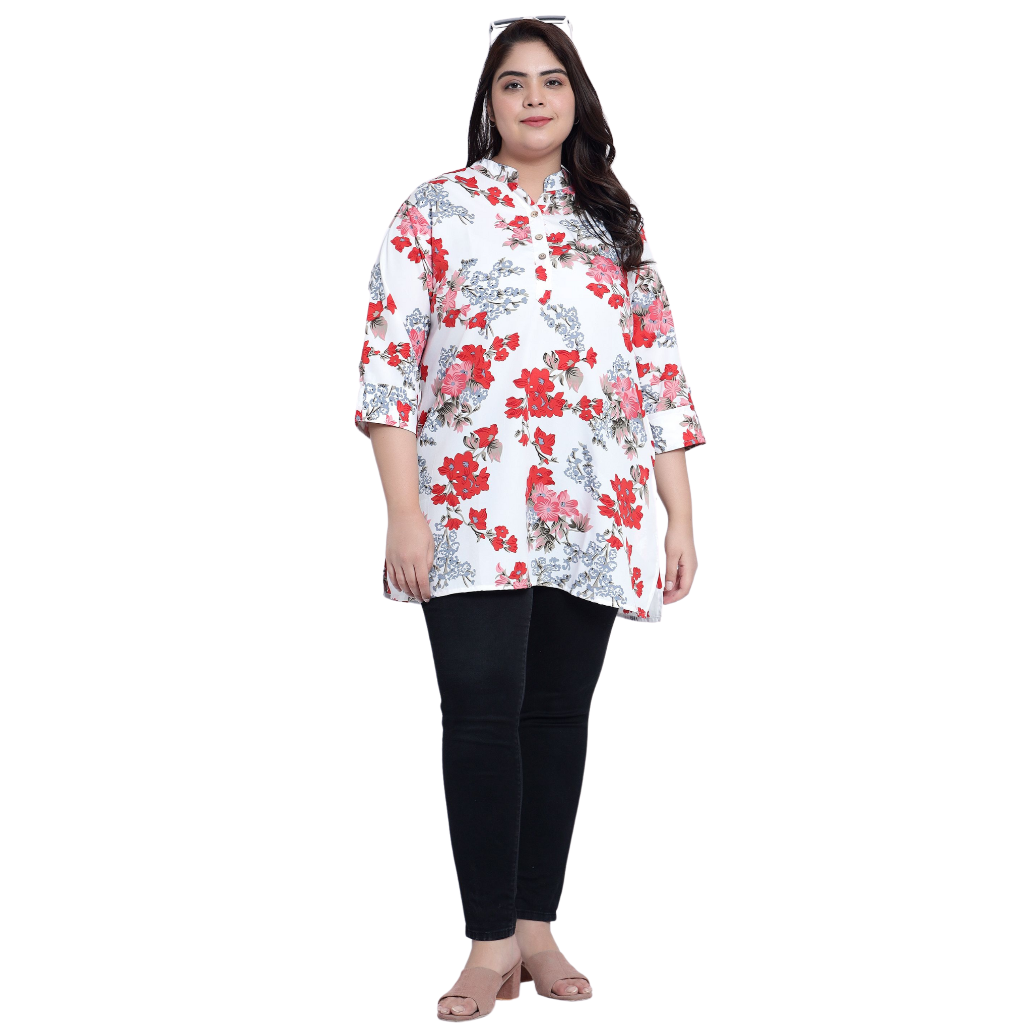White Floral Print Plus Size Tunic