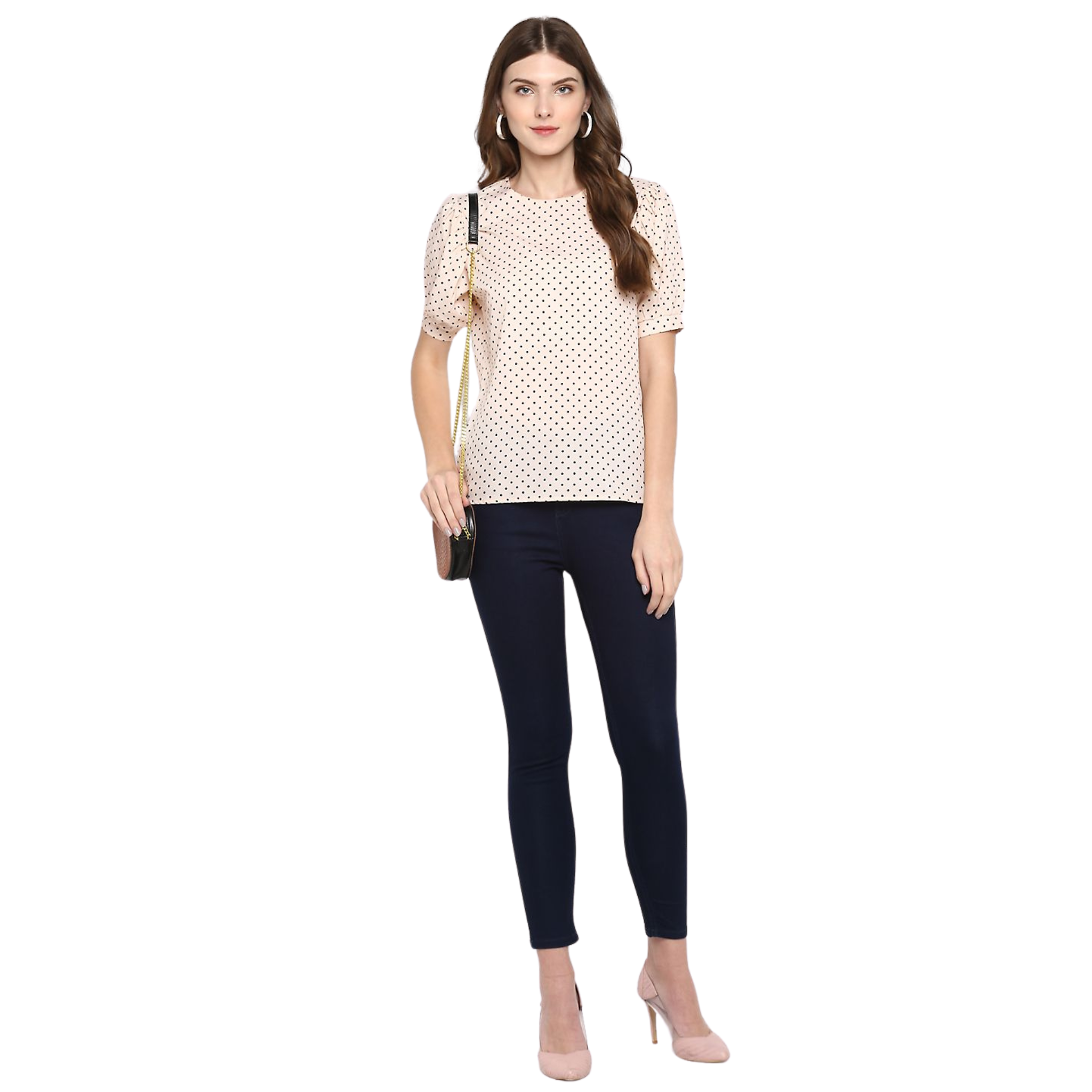 Peach Polka Dot Puff Sleeve Top