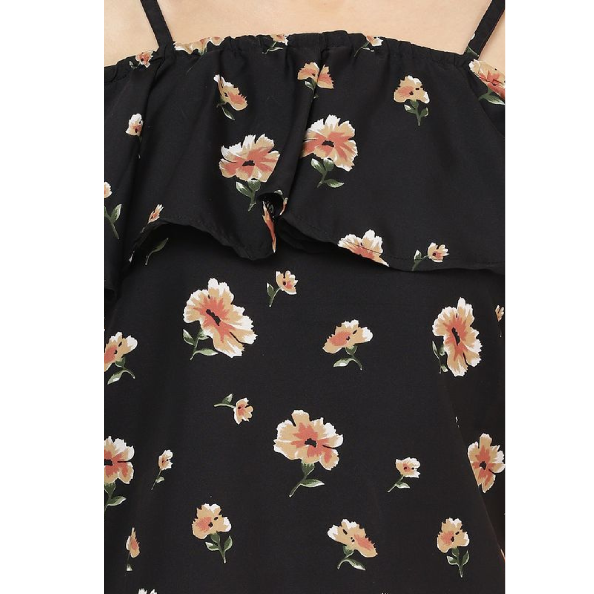 Black Floral Print Cold Shoulder Top