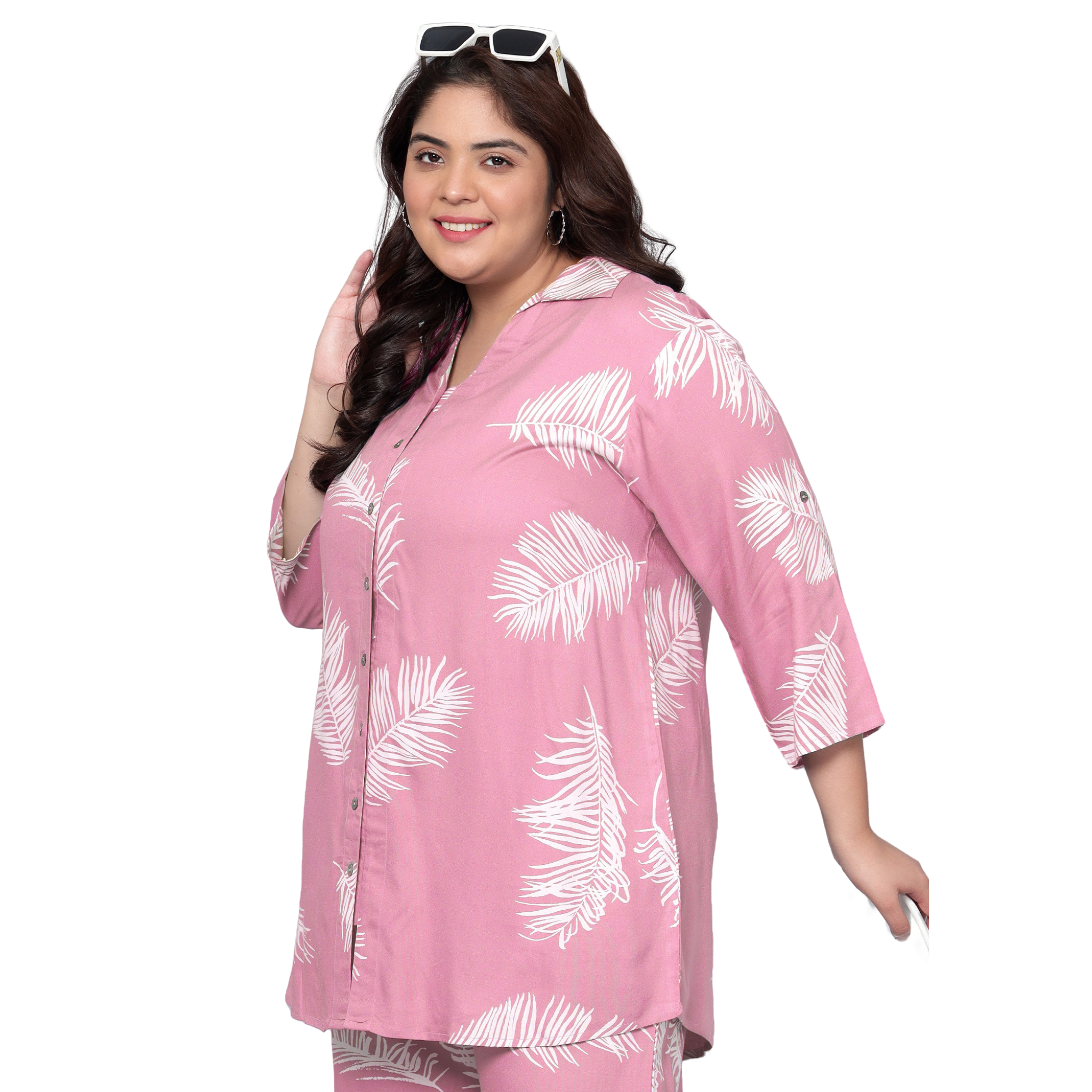 Pink Leaf Print Plus Size Co-Ord Set