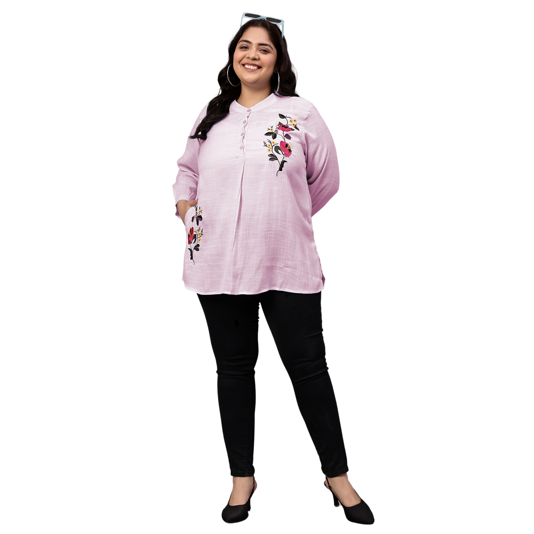 Pink Floral Embroidered Plus Size Tunic