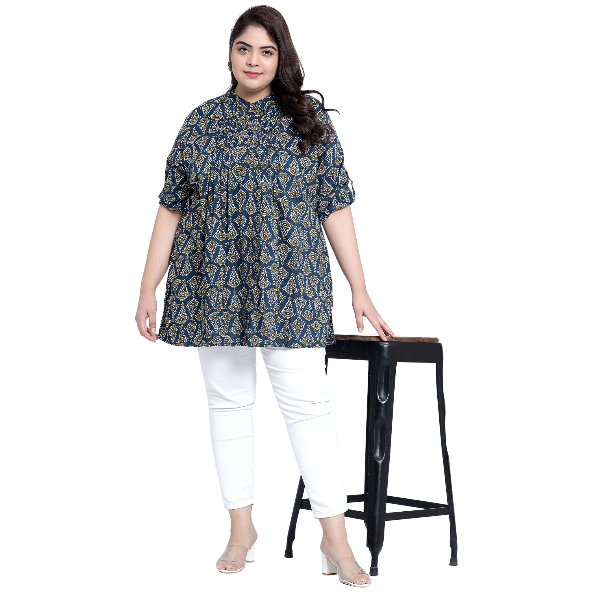 Blue Geometric Print Pleat Plus Size Tunic