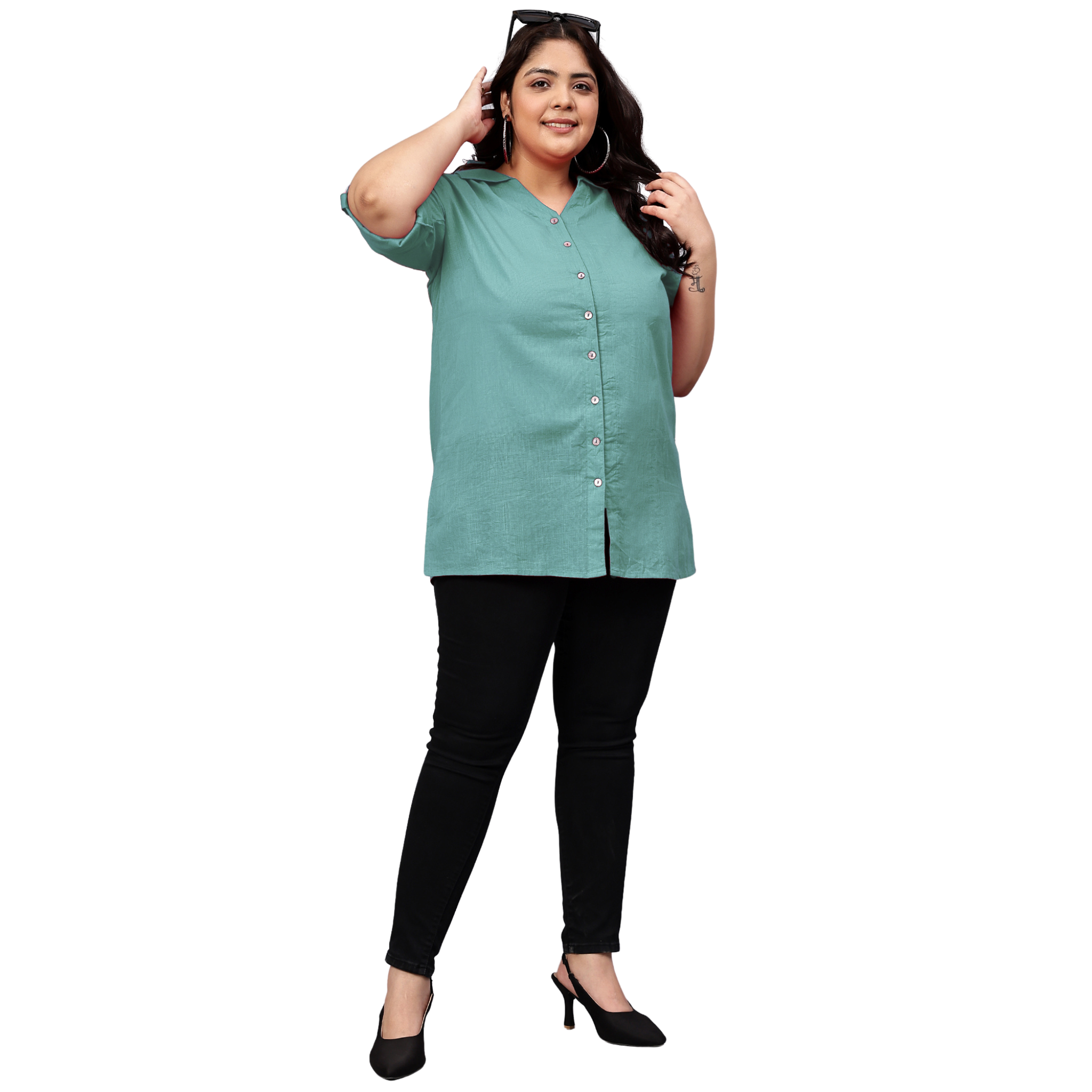Blue Cotton Longline Plus Size Shirt