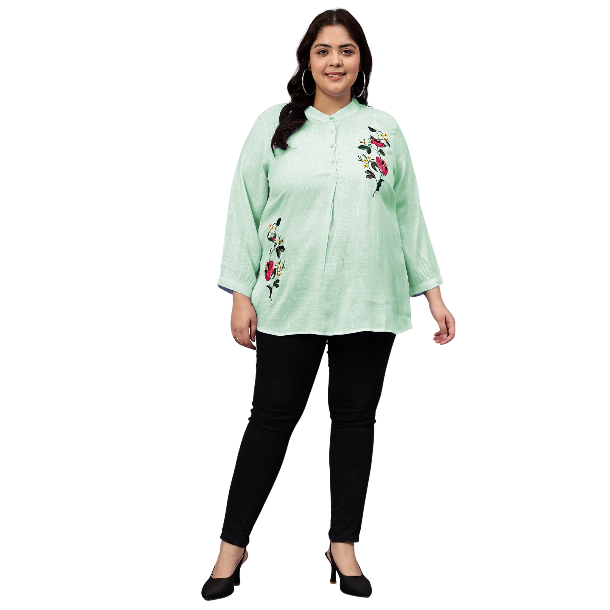 Green Floral Embroidered Plus Size Tunic