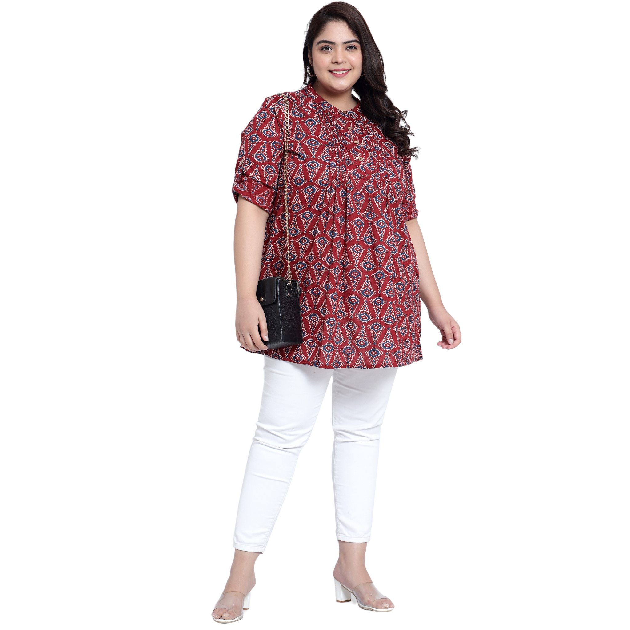Red Geometric Print Pleat Plus Size Tunic