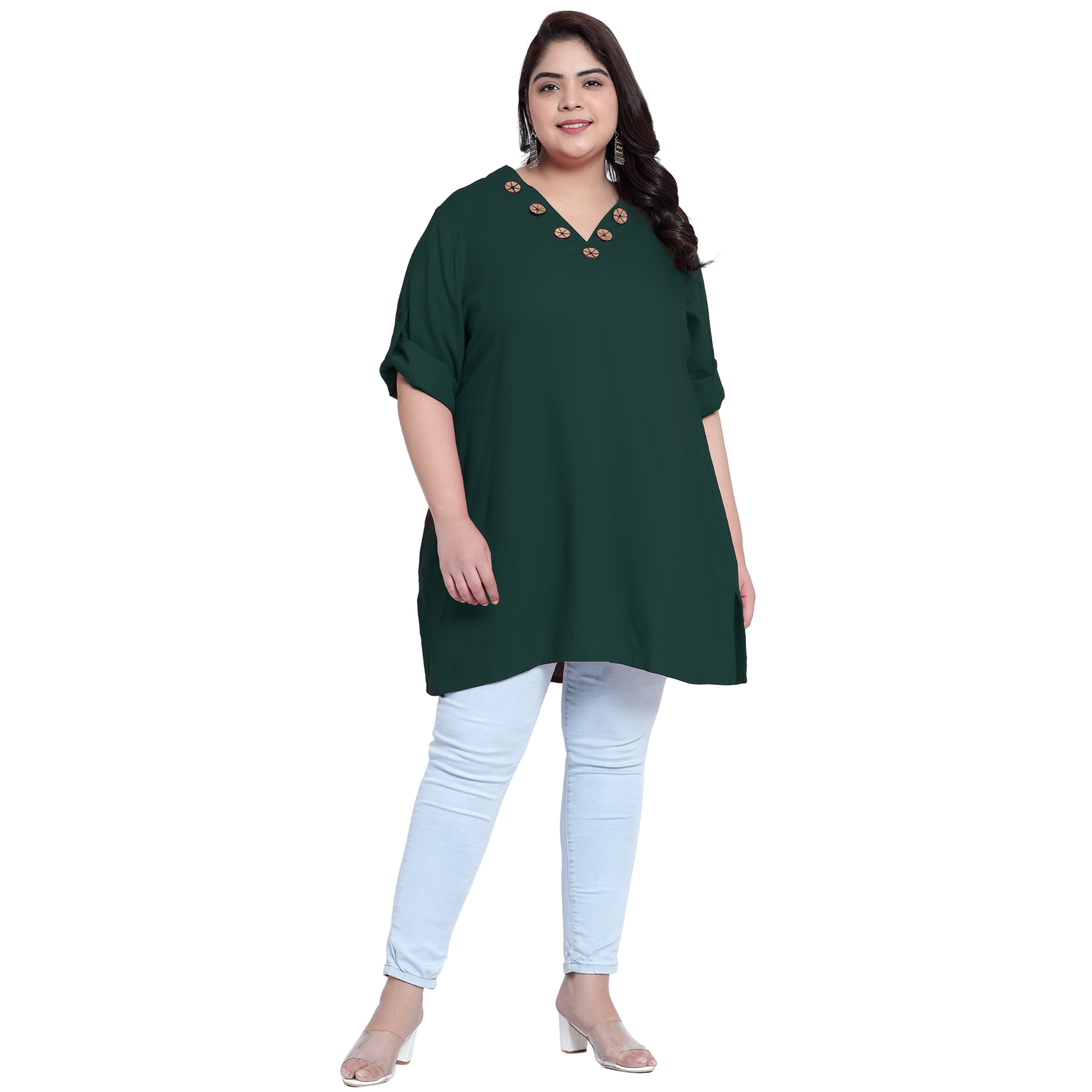 Green Collar Button Plus Size Tunic