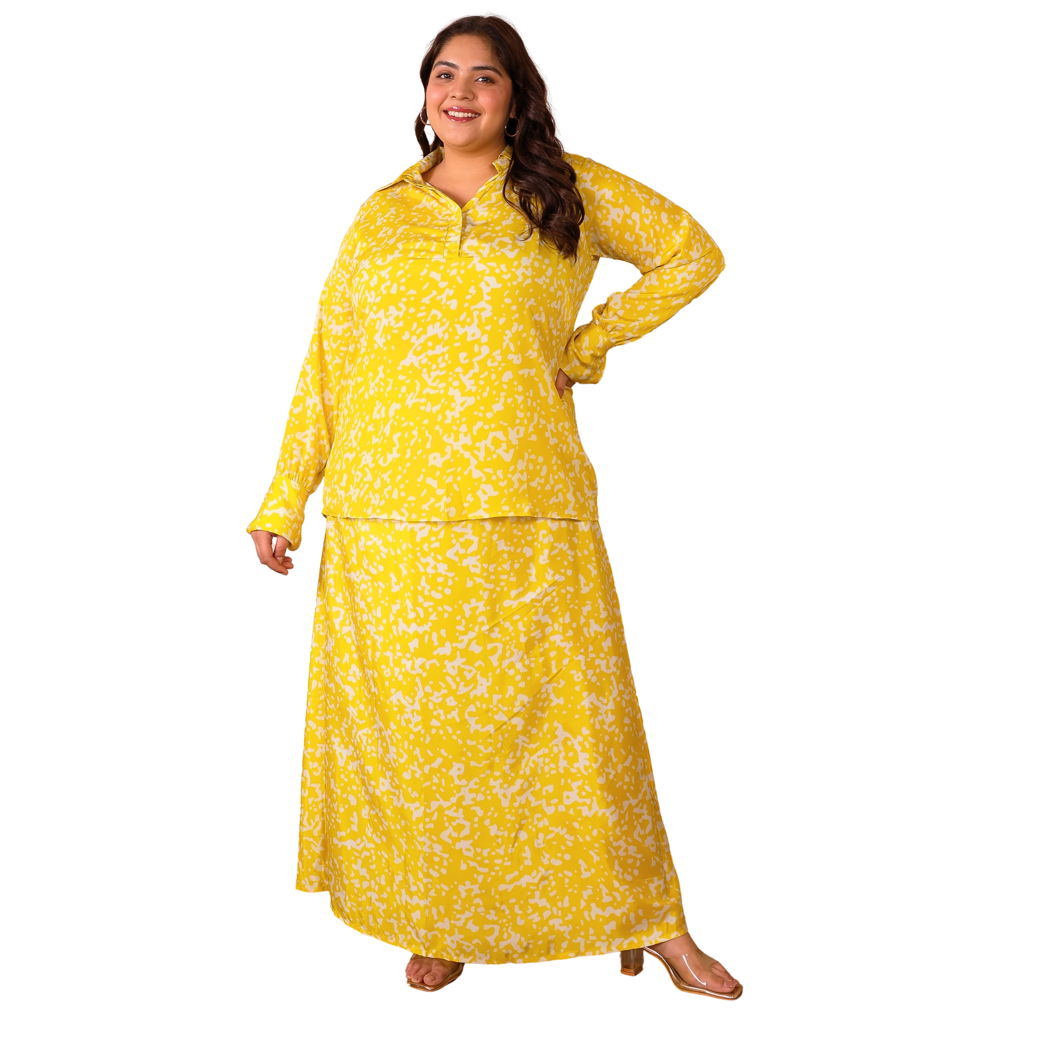 Yellow Satin Print Plus Size Co Ord Set