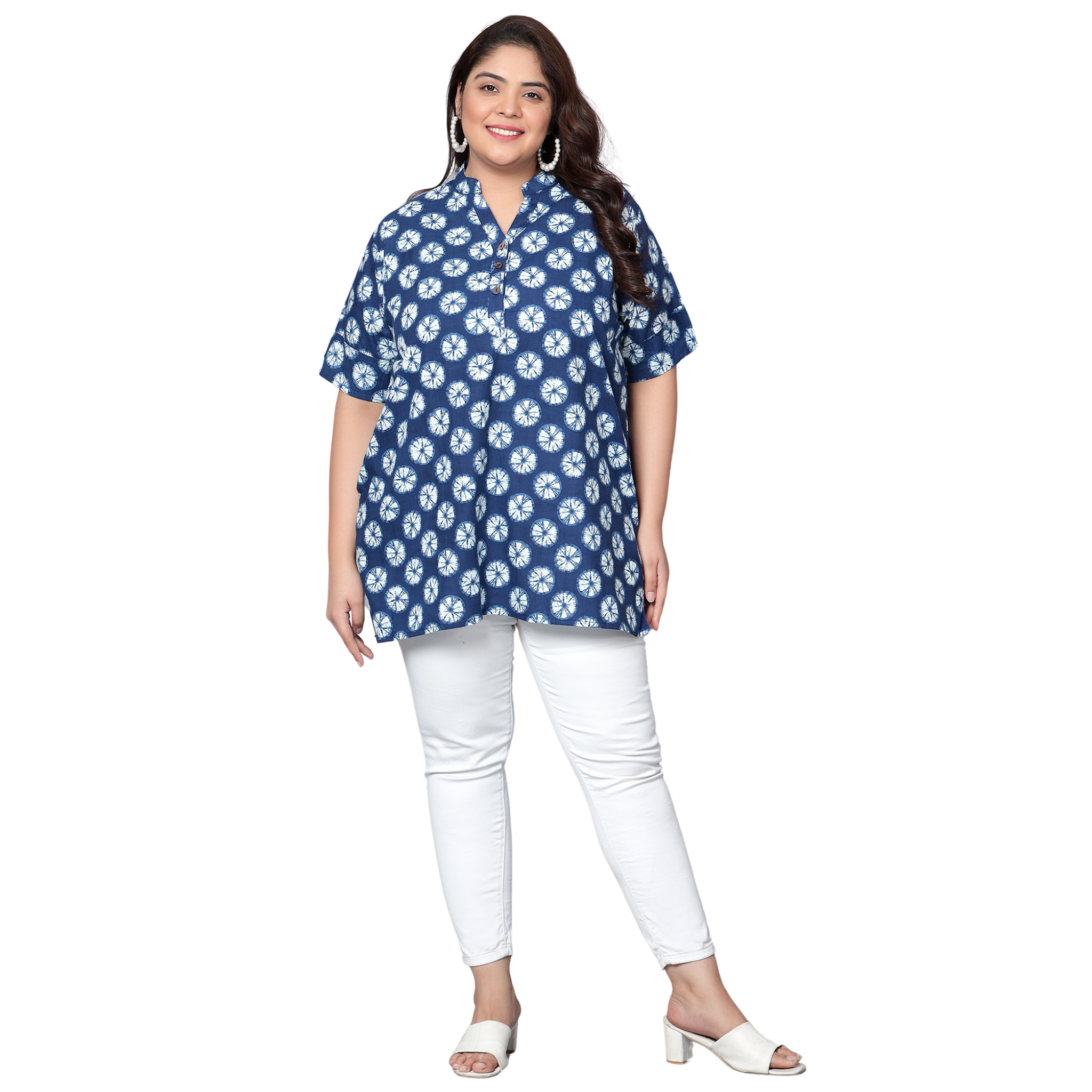Blue Geometric Cotton Plus Size Tunic