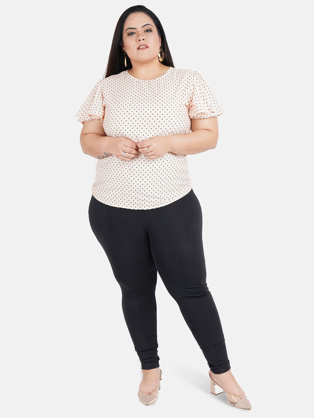 Peach Polka Dot Flutter Sleeve Top — view 6