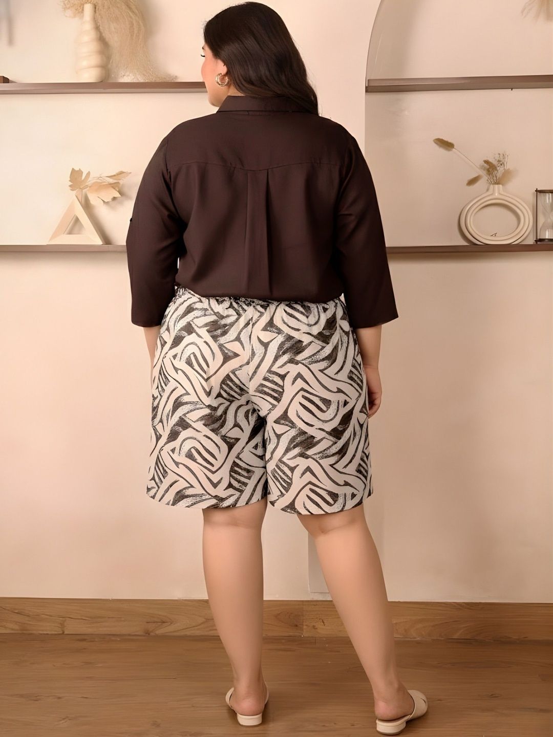 Brown Solid Shirt and Abstract Print Shorts Set — view 2