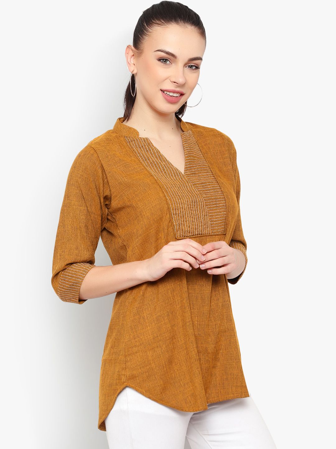 Mustard Solid Embroidered Tunic — view 3