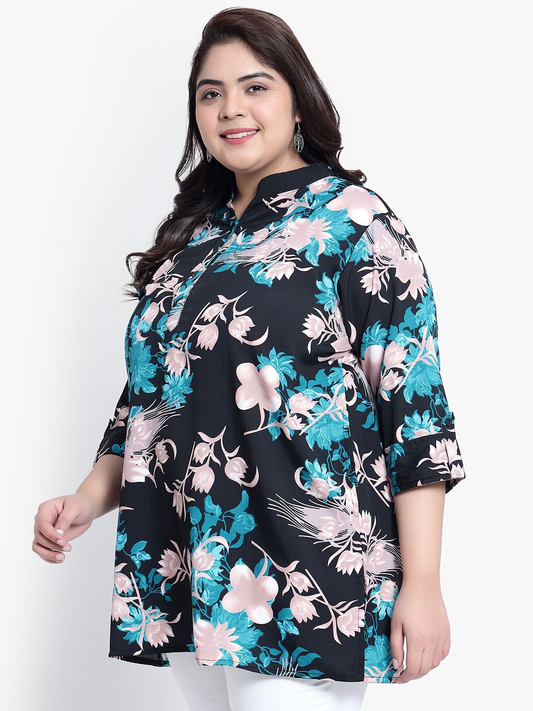 Green and Pink Floral Print Plus Size Tunic — view 4
