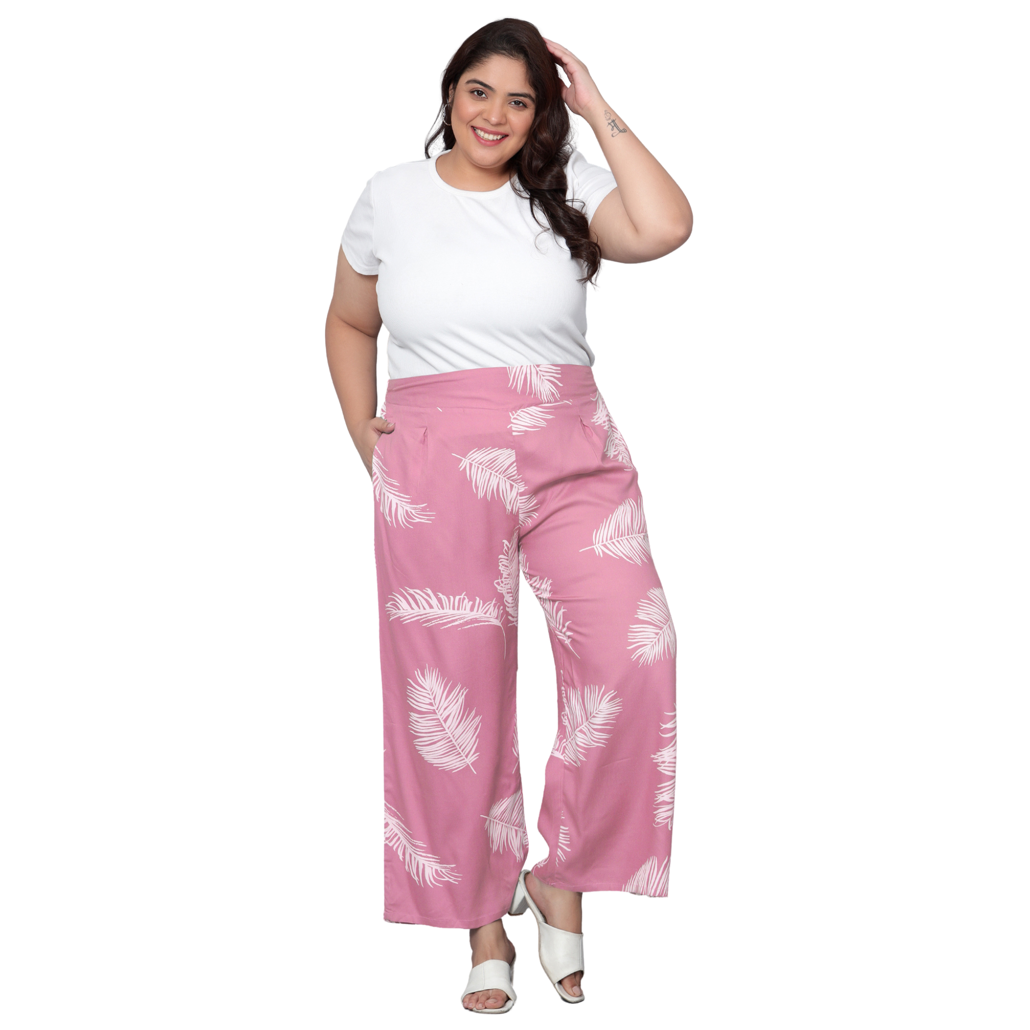 Pink Leaf Print Plus Size Trousers