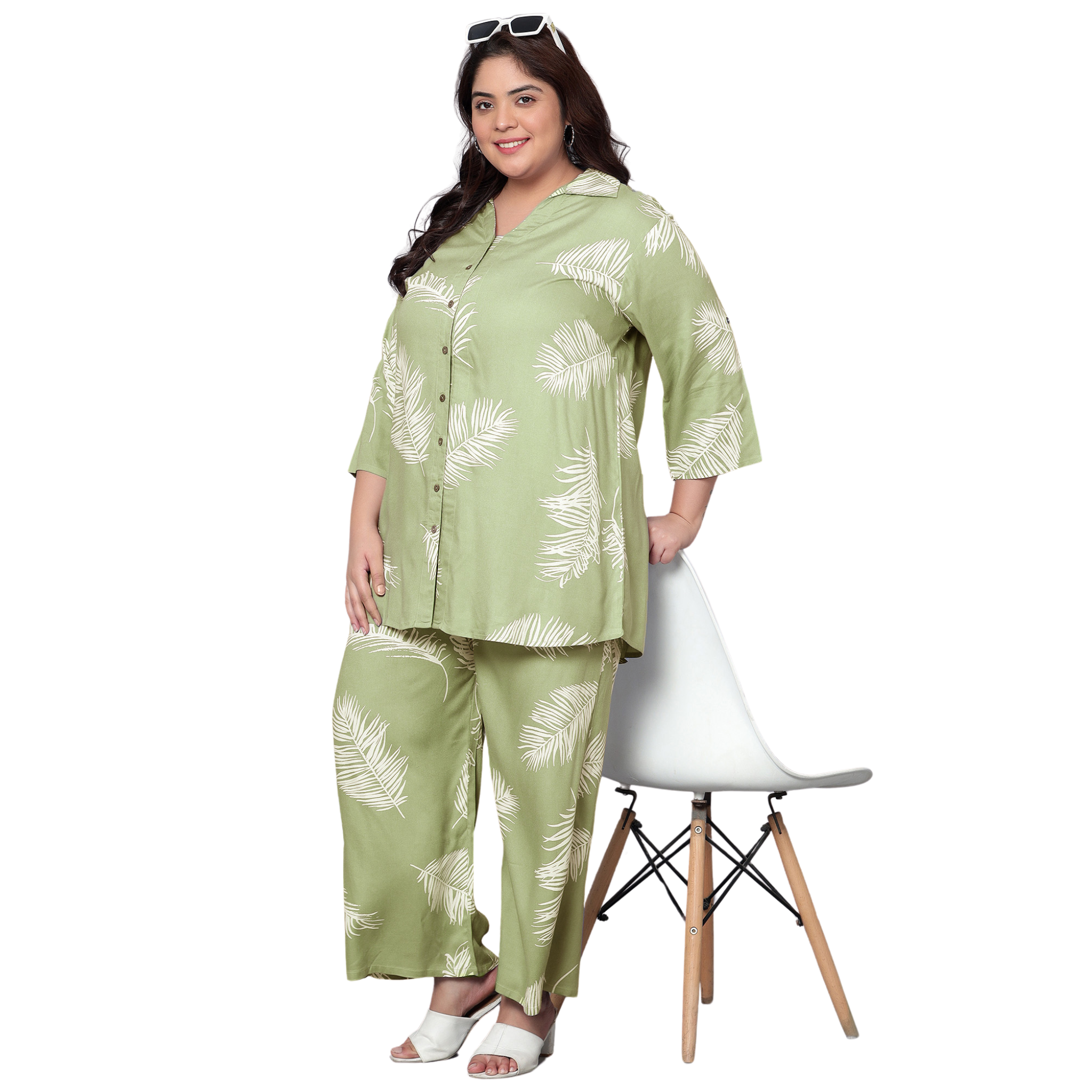 Green Leaf Print Plus Size Co-Ord Set
