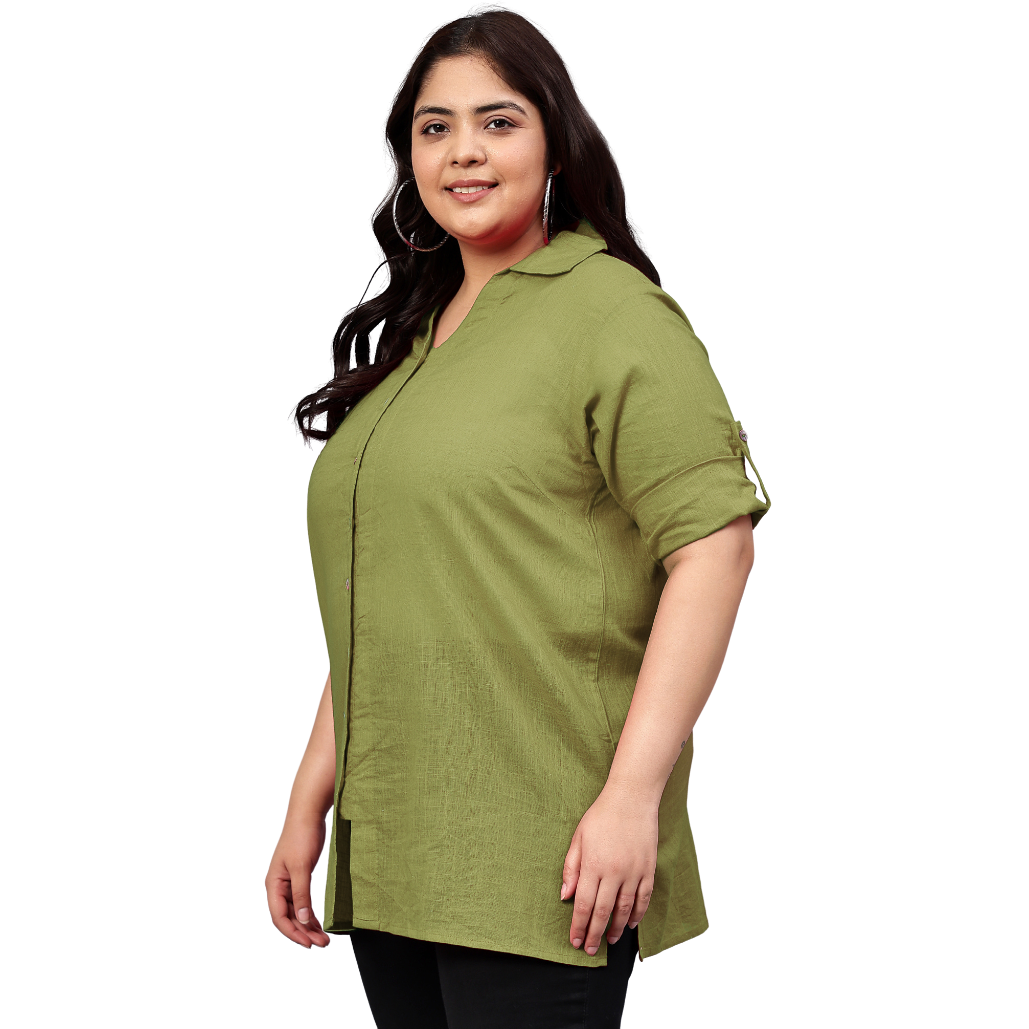 Green Cotton Longline Plus Size Shirt