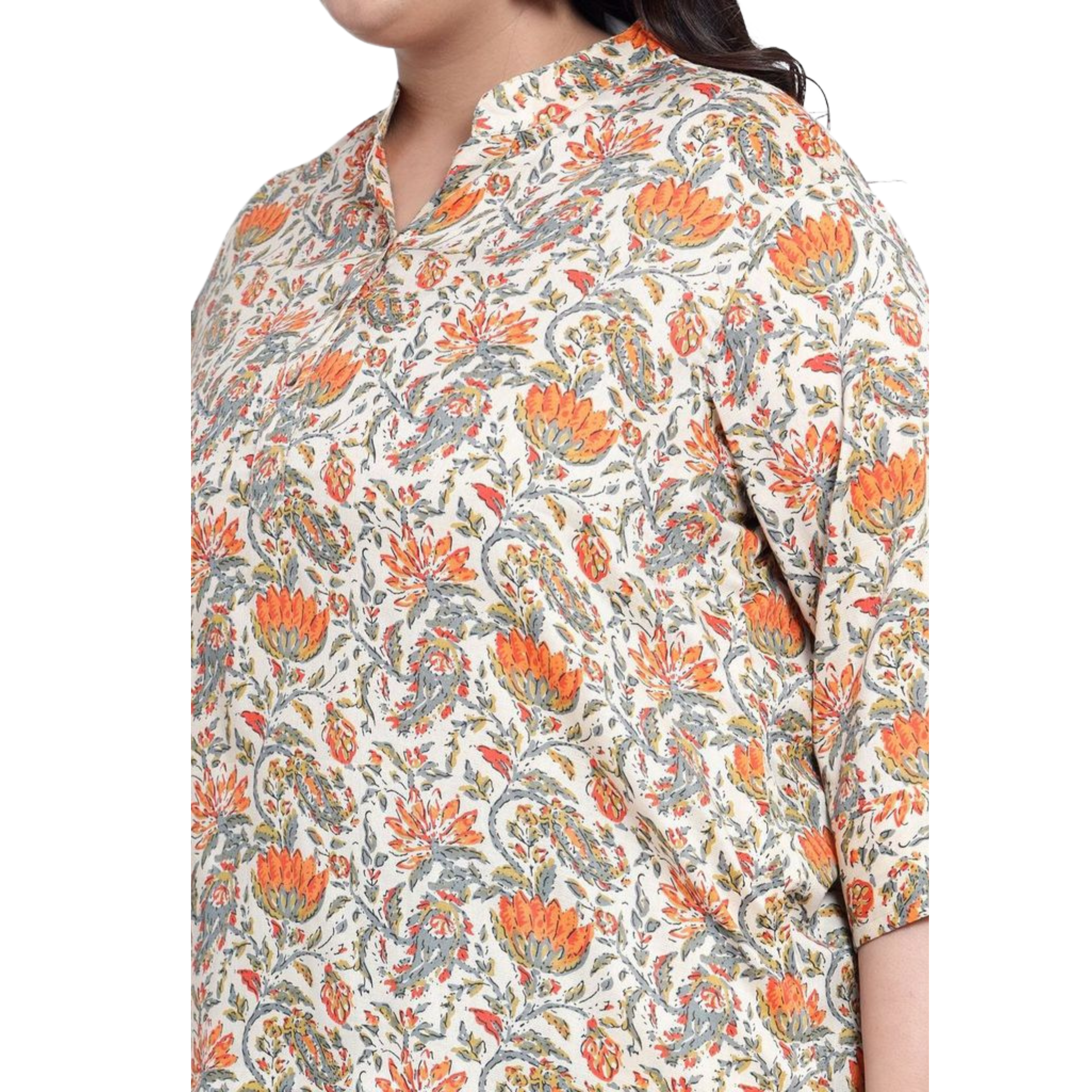 Orange and Beige Floral Print Plus Size Tunic