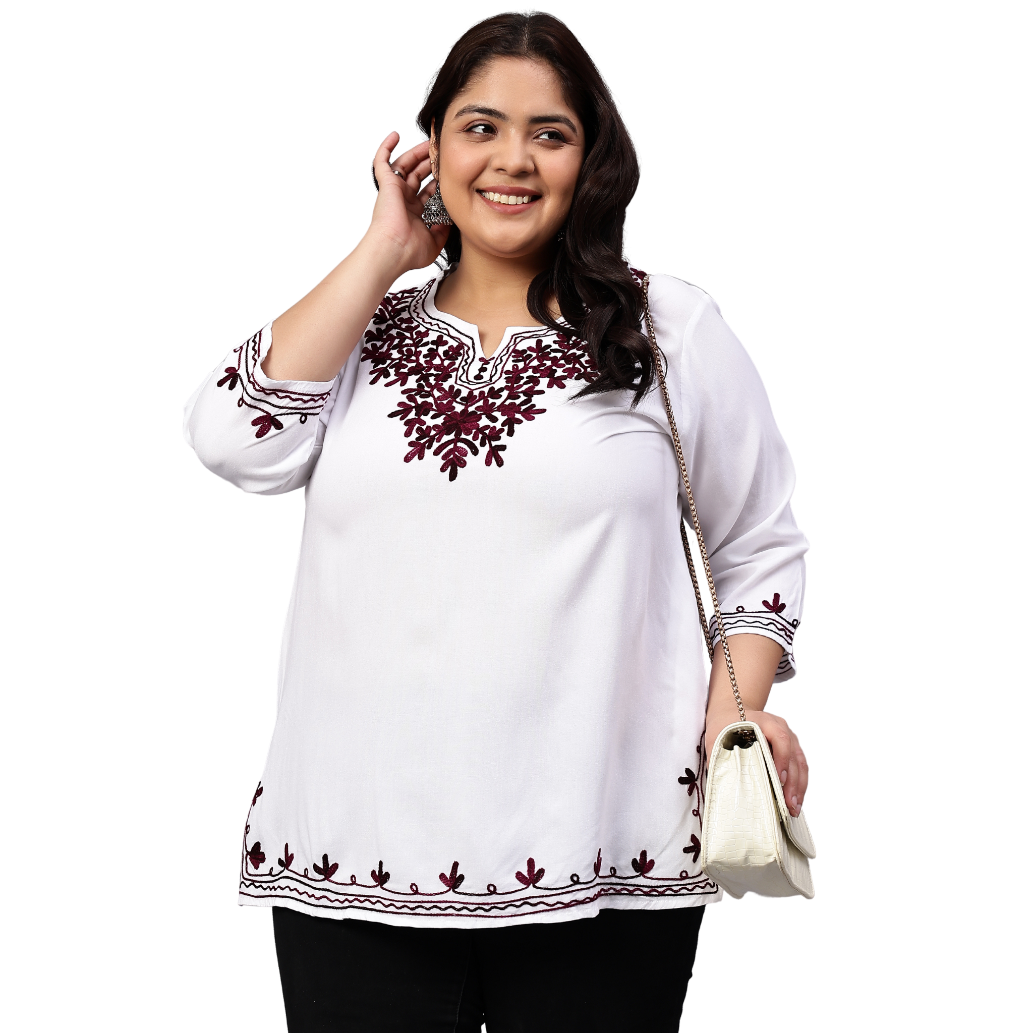 White And Purple Embroidered Plus Size Tunic